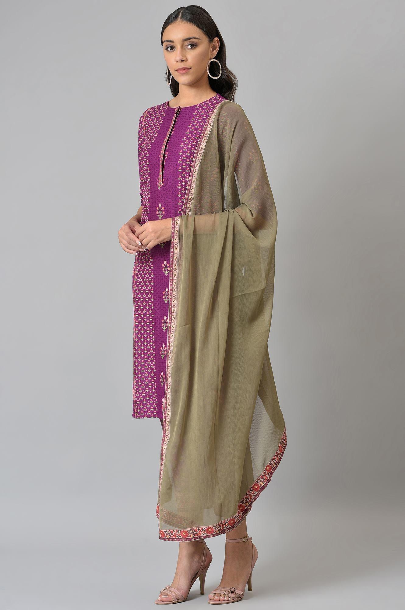 Dark Purple Round Neck kurta With Floral Straight Pants And Chiffon Dupatta - wforwoman