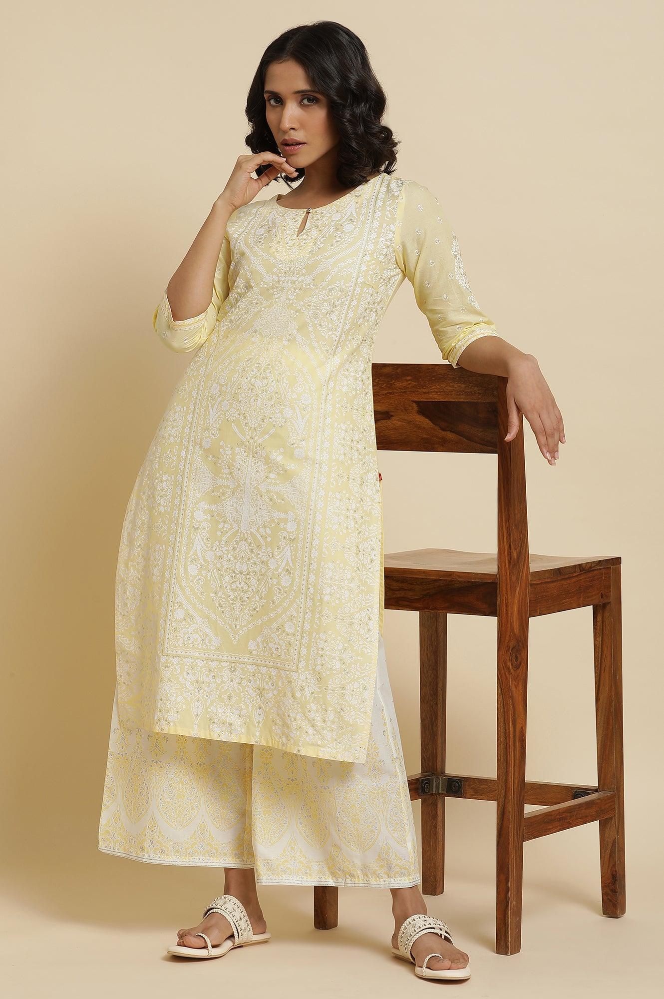 Yellow Glitter Printed Kurta & Parallel Pants - wforwoman