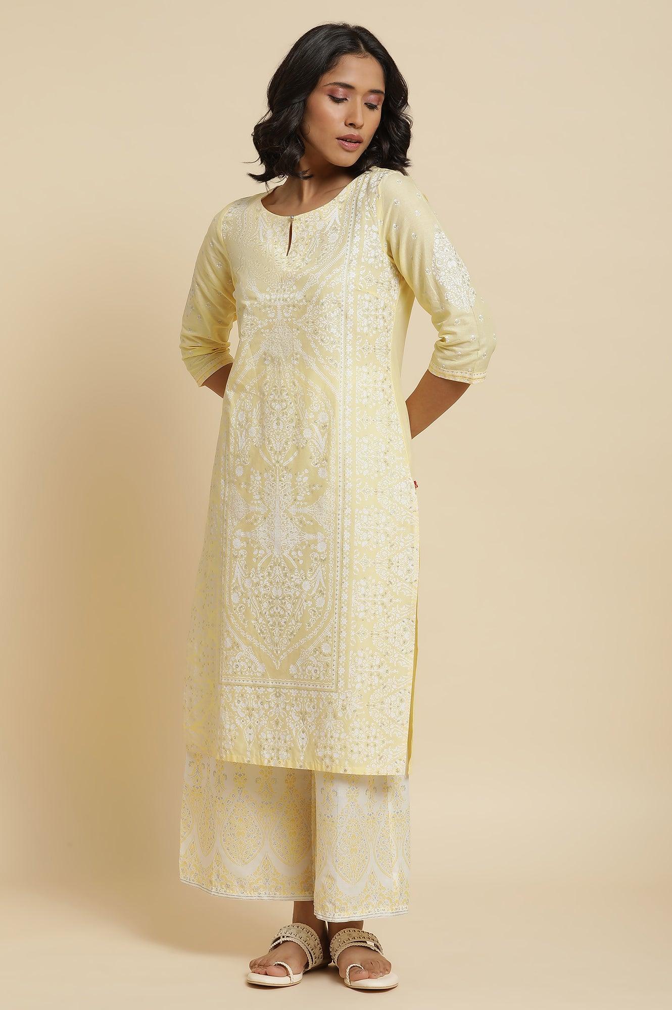 Yellow Glitter Printed Kurta & Parallel Pants - wforwoman