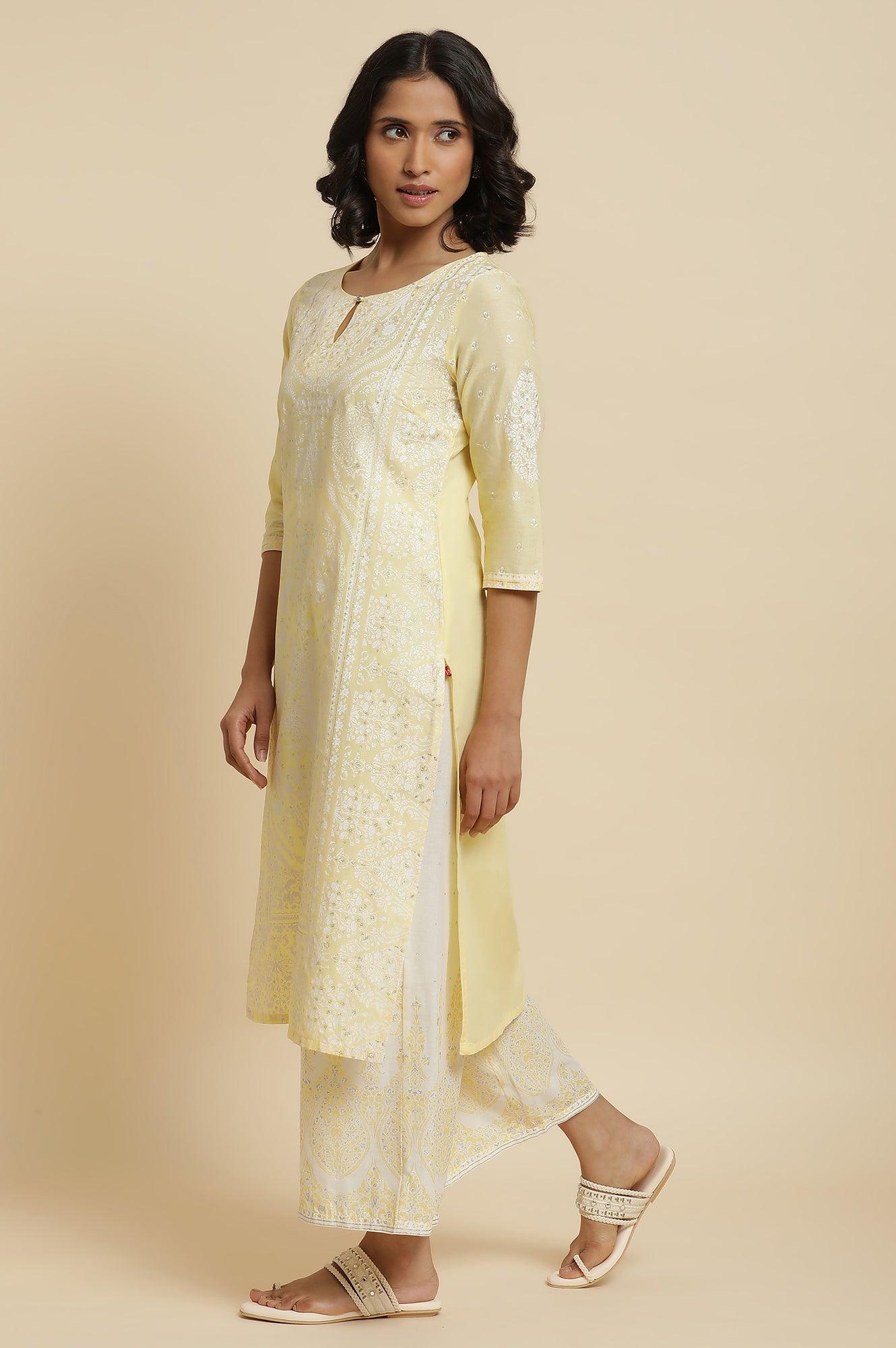 Yellow Glitter Printed Kurta & Parallel Pants - wforwoman