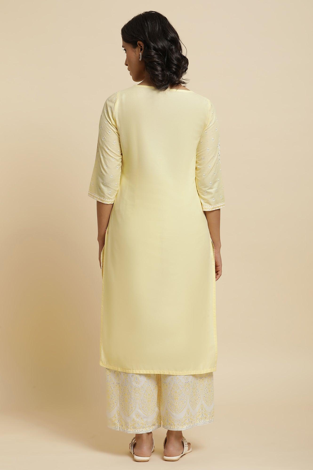 Yellow Glitter Printed Kurta & Parallel Pants - wforwoman