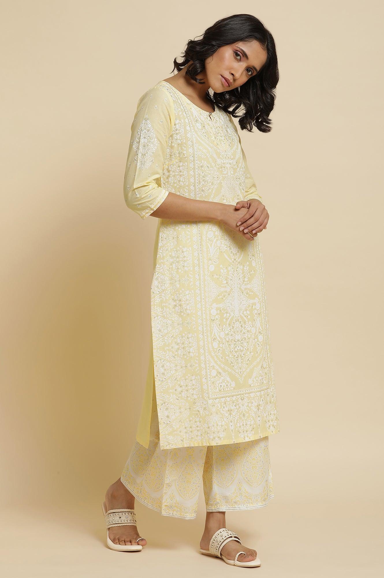 Yellow Glitter Printed Kurta & Parallel Pants - wforwoman