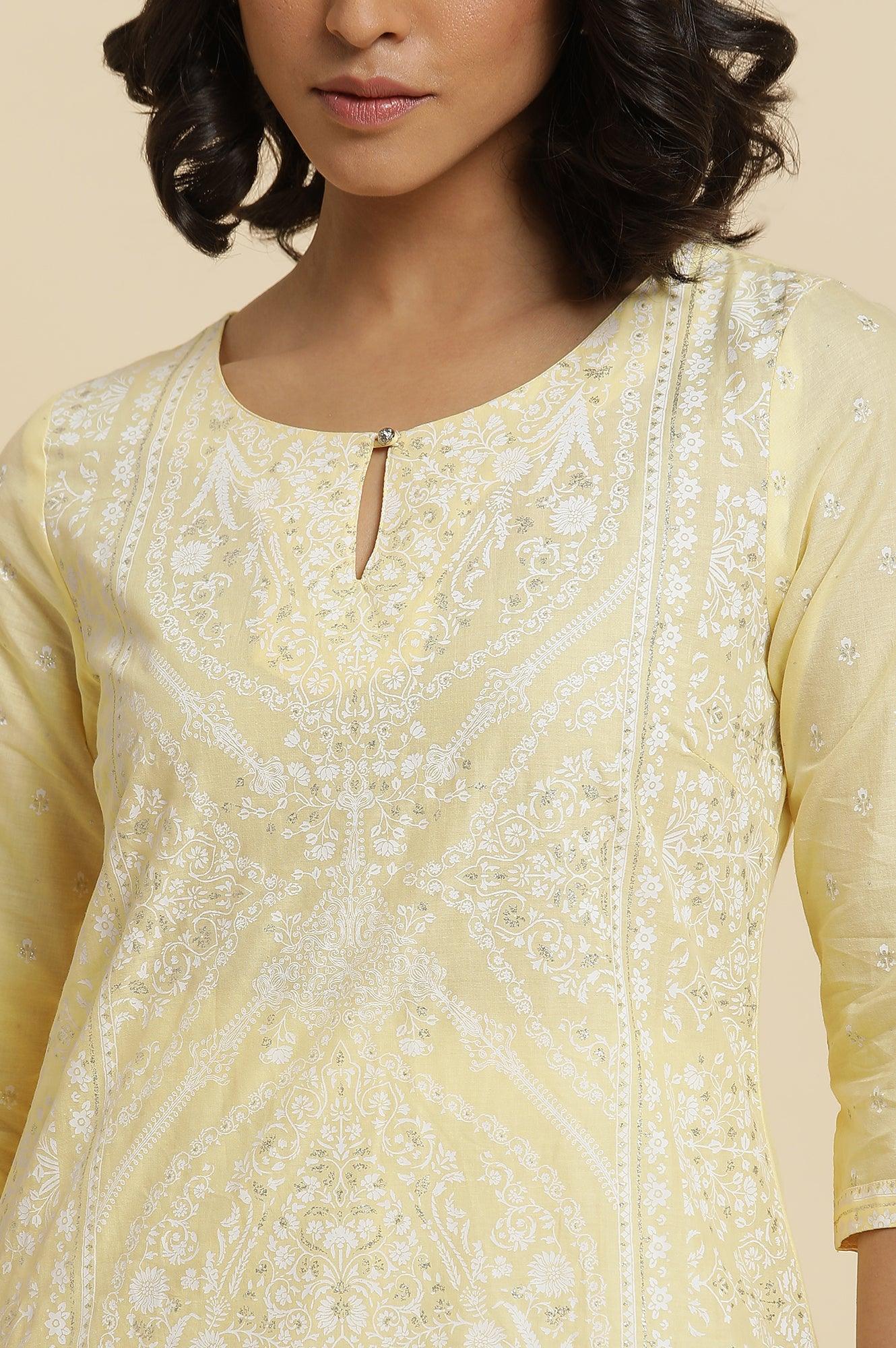 Yellow Glitter Printed Kurta & Parallel Pants - wforwoman