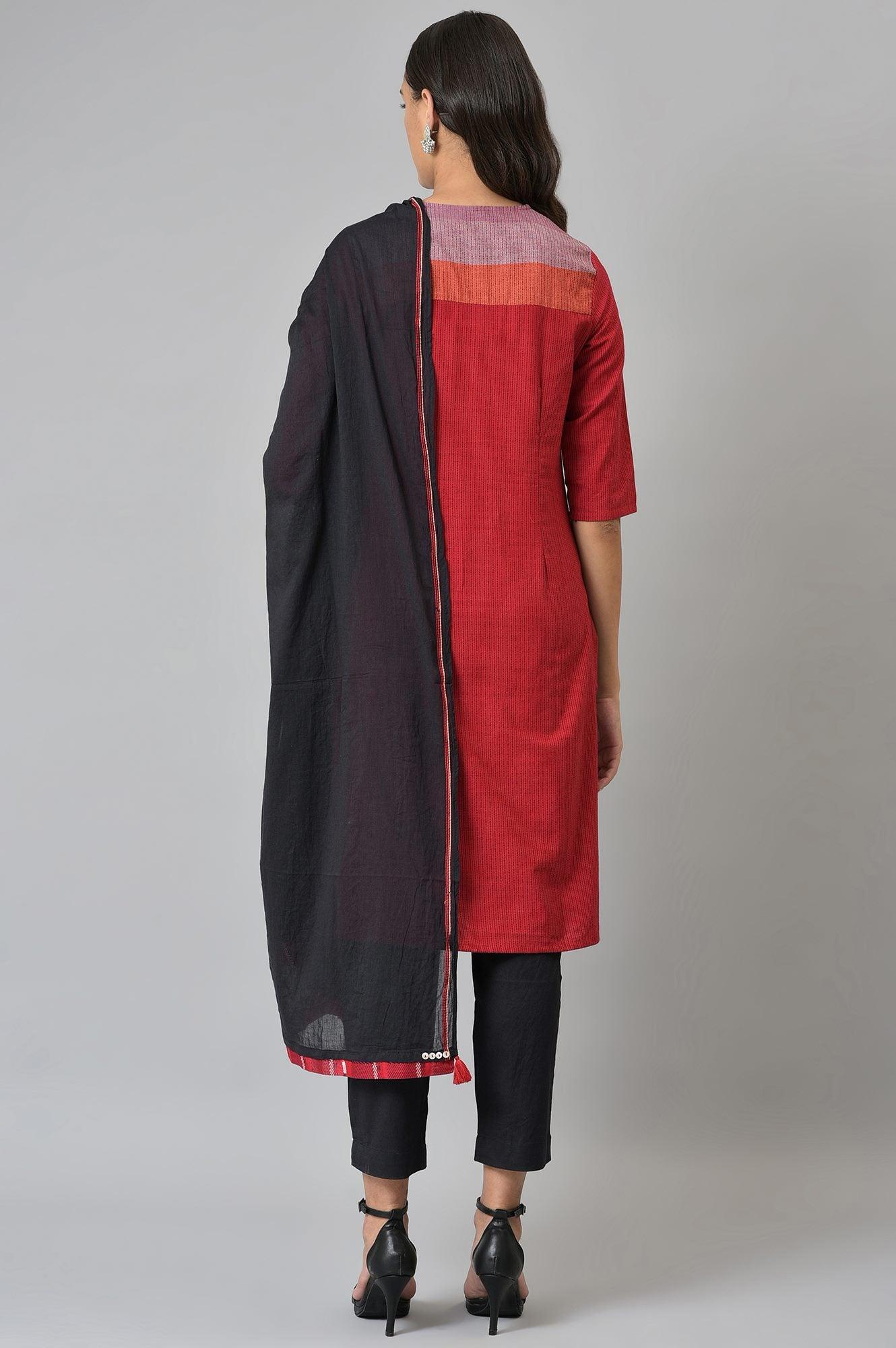Red Dobby kurta In Round Neck With Black Slim Pants And Dupatta - wforwoman