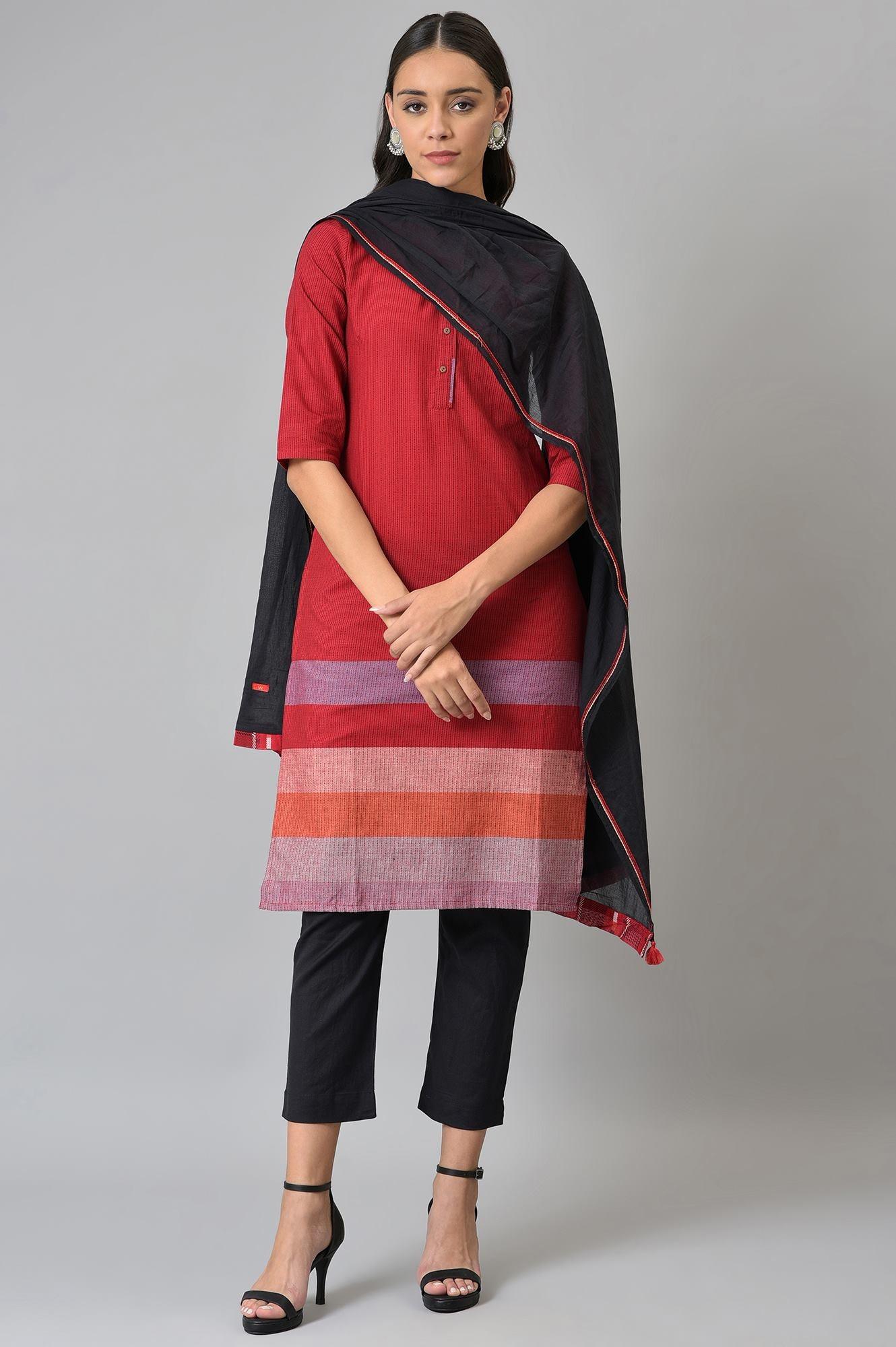 Red Dobby kurta In Round Neck With Black Slim Pants And Dupatta - wforwoman