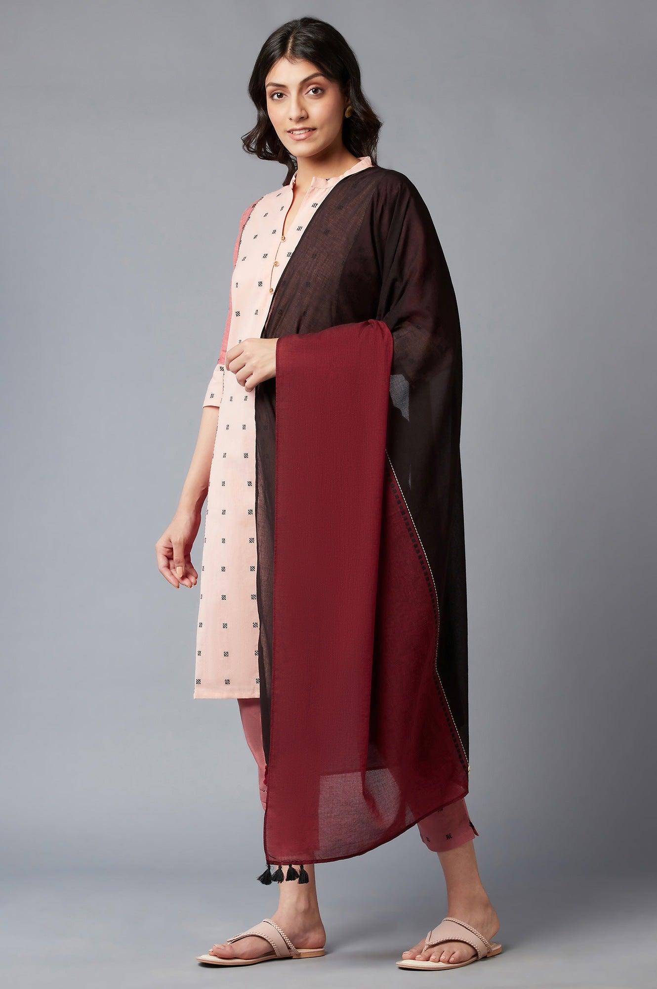 Light Red Dobby Collared-V kurta With Black Slim Pants And Dupatta - wforwoman