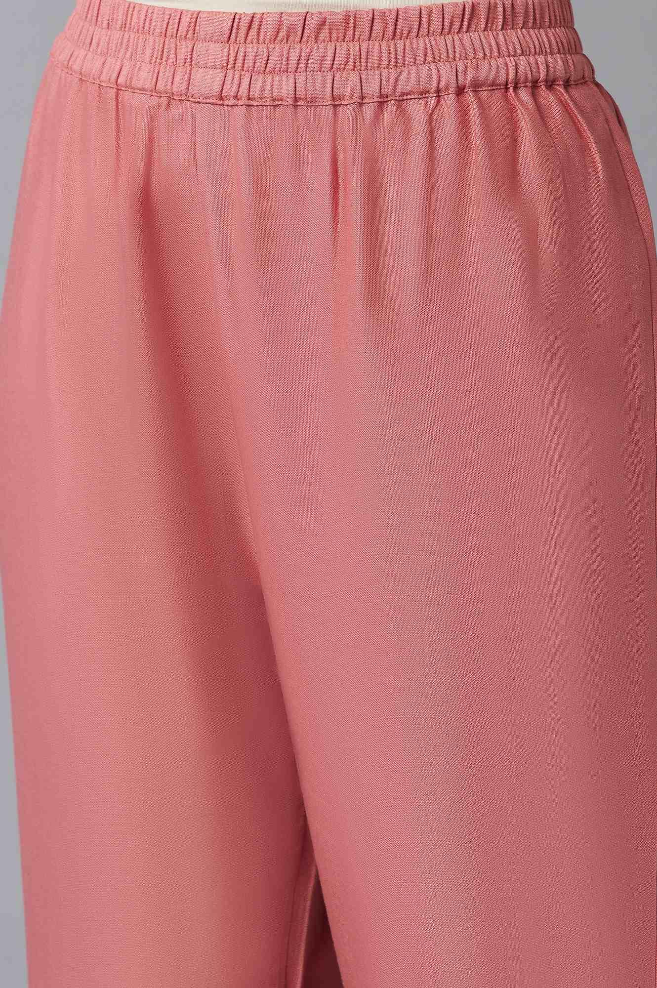 Light Red Dobby Collared-V kurta With Black Slim Pants And Dupatta - wforwoman