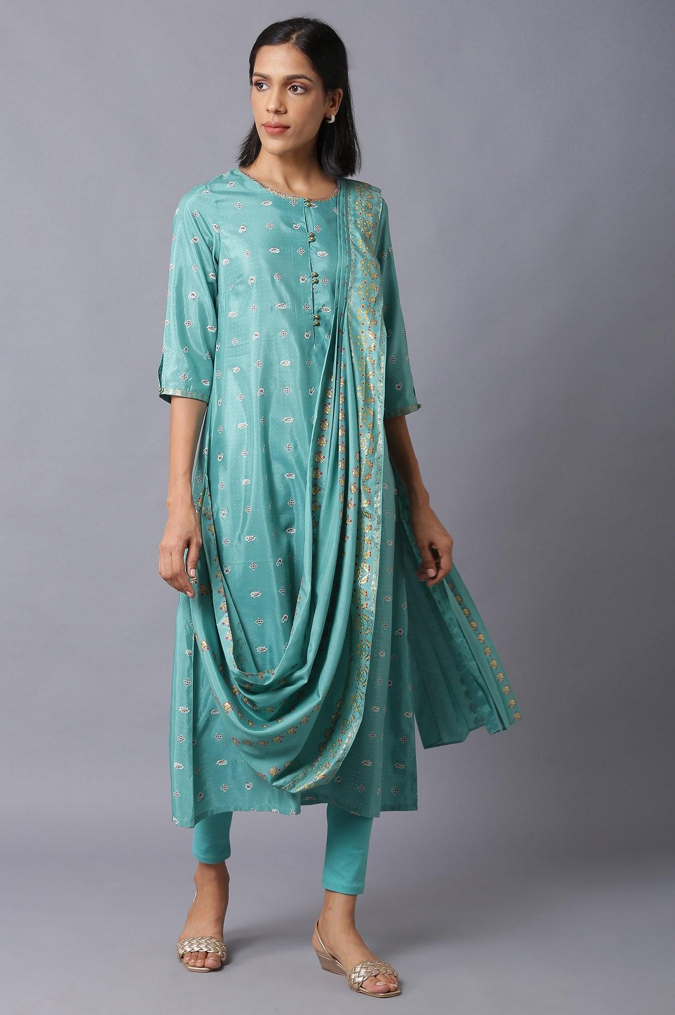 Green Printed Draped A-Line kurta With Tights - wforwoman