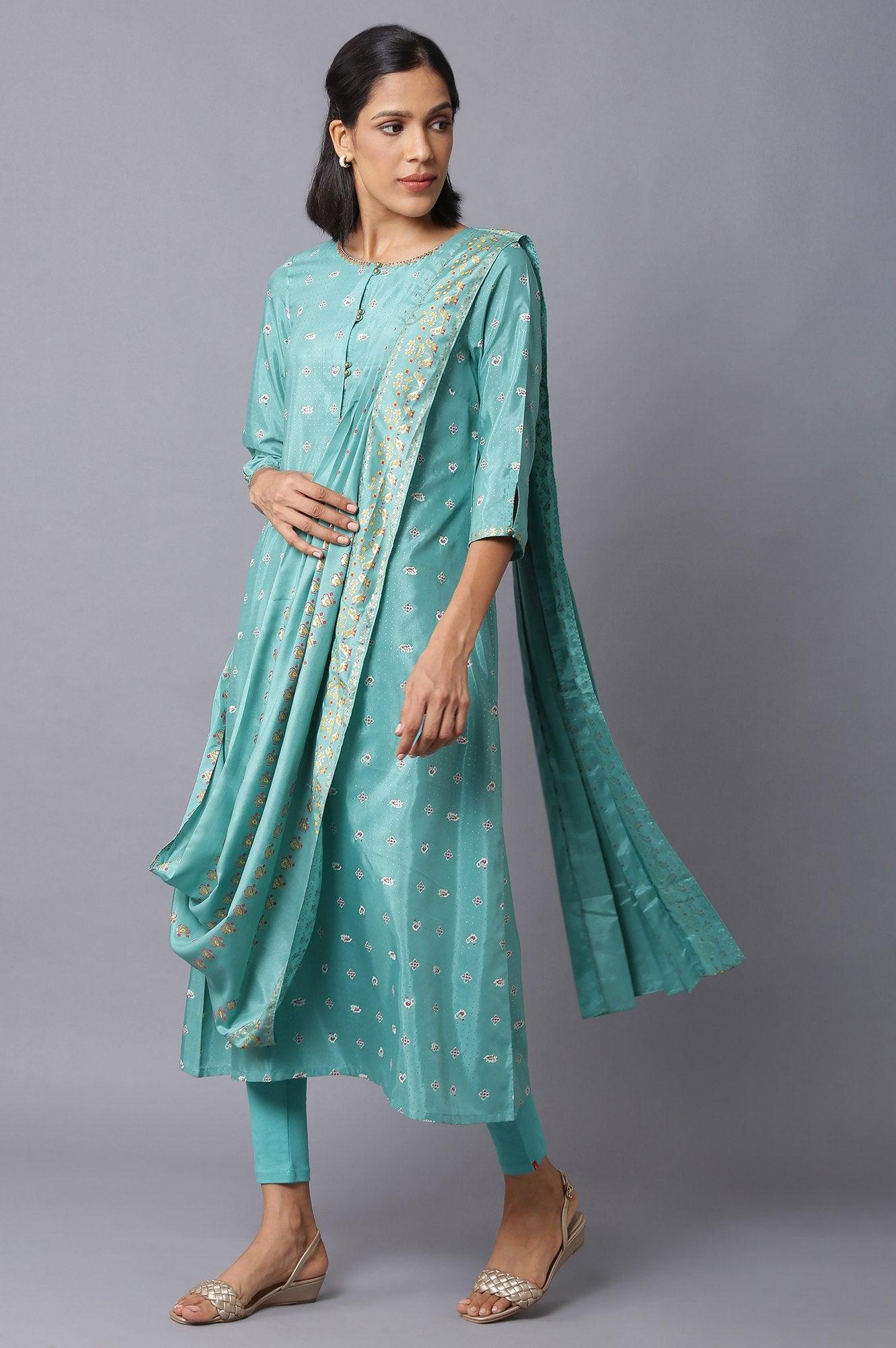 Green Printed Draped A-Line kurta With Tights - wforwoman