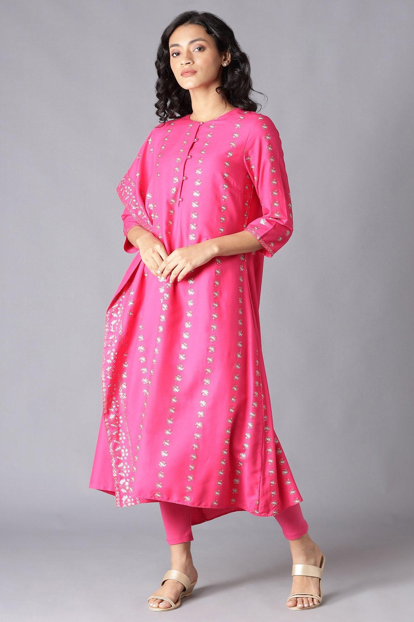 Dark Pink Saree Style kurta With Tights - wforwoman