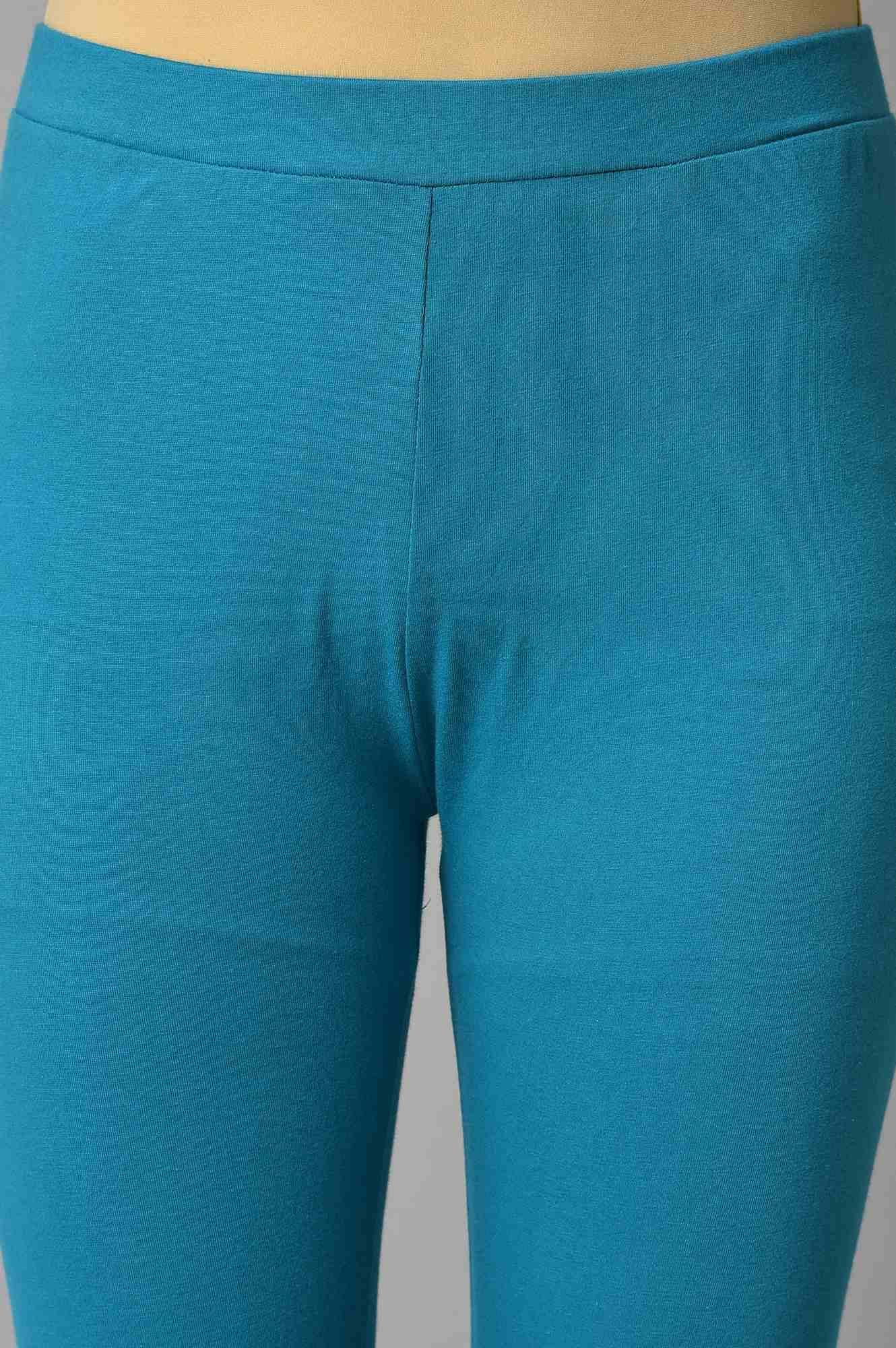 Teal Blue Saree Style kurta With Tights - wforwoman