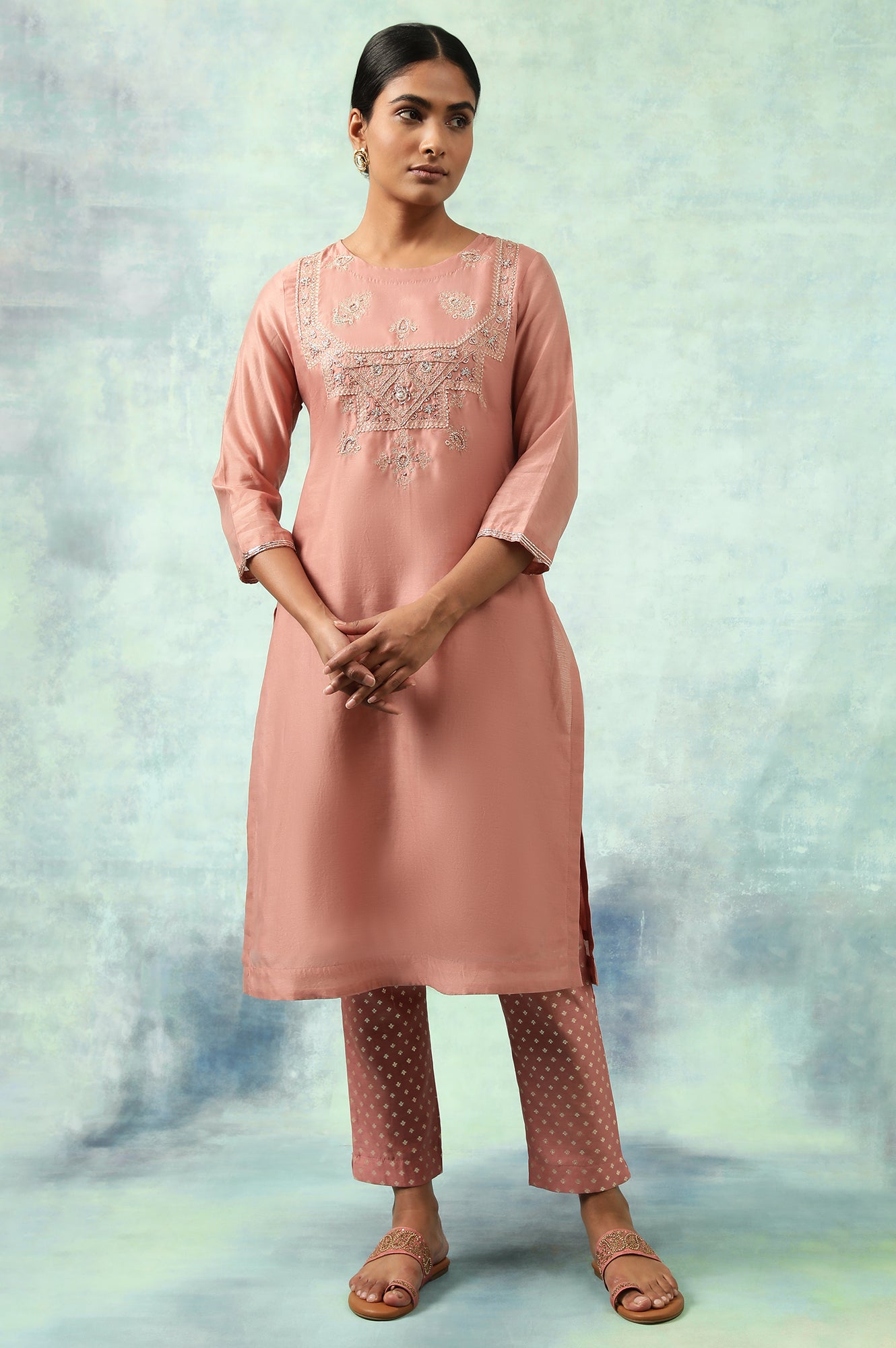Light Pink Embroidered Cotton Silk kurta