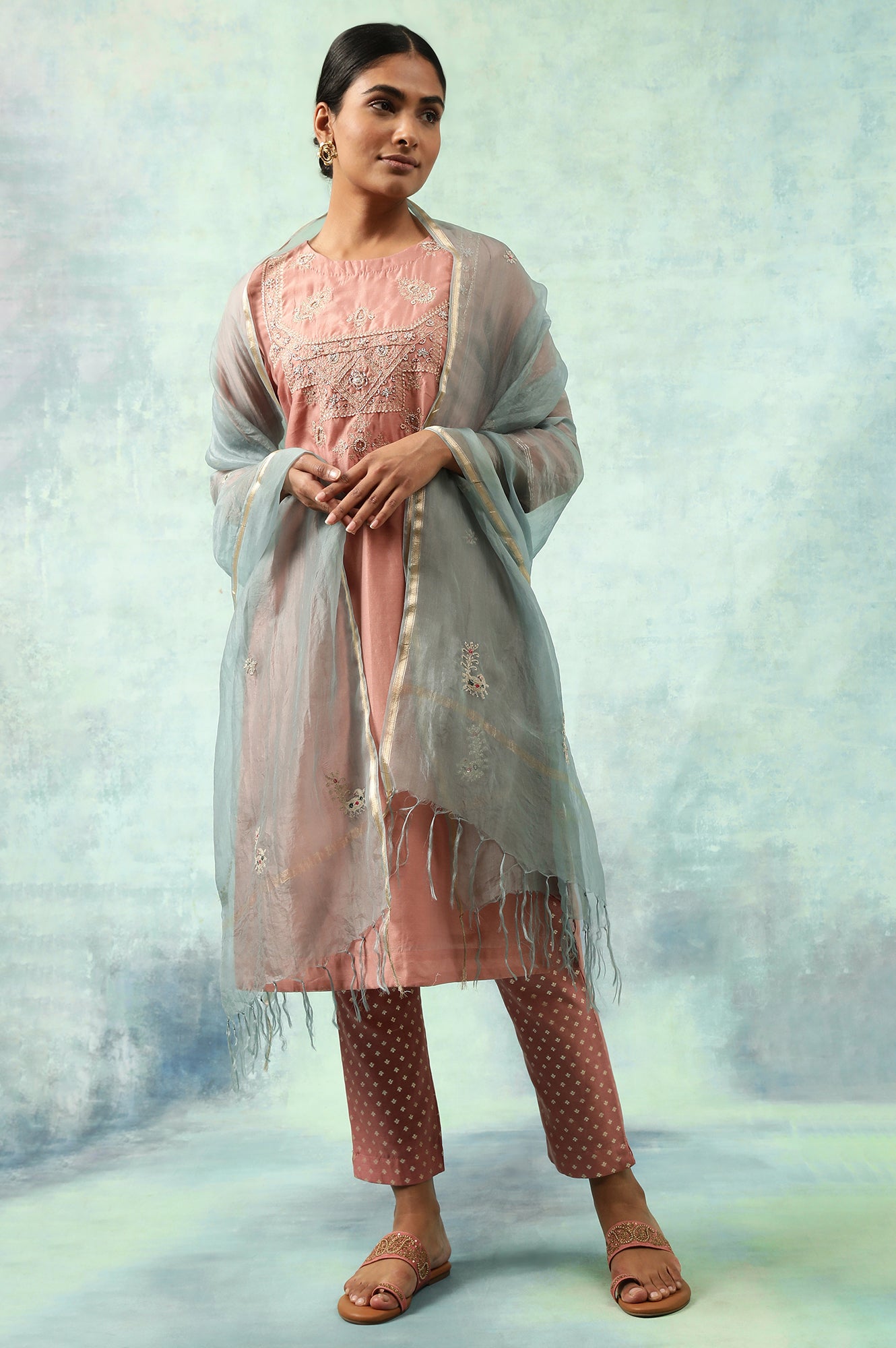 Light Pink Embroidered Cotton Silk kurta