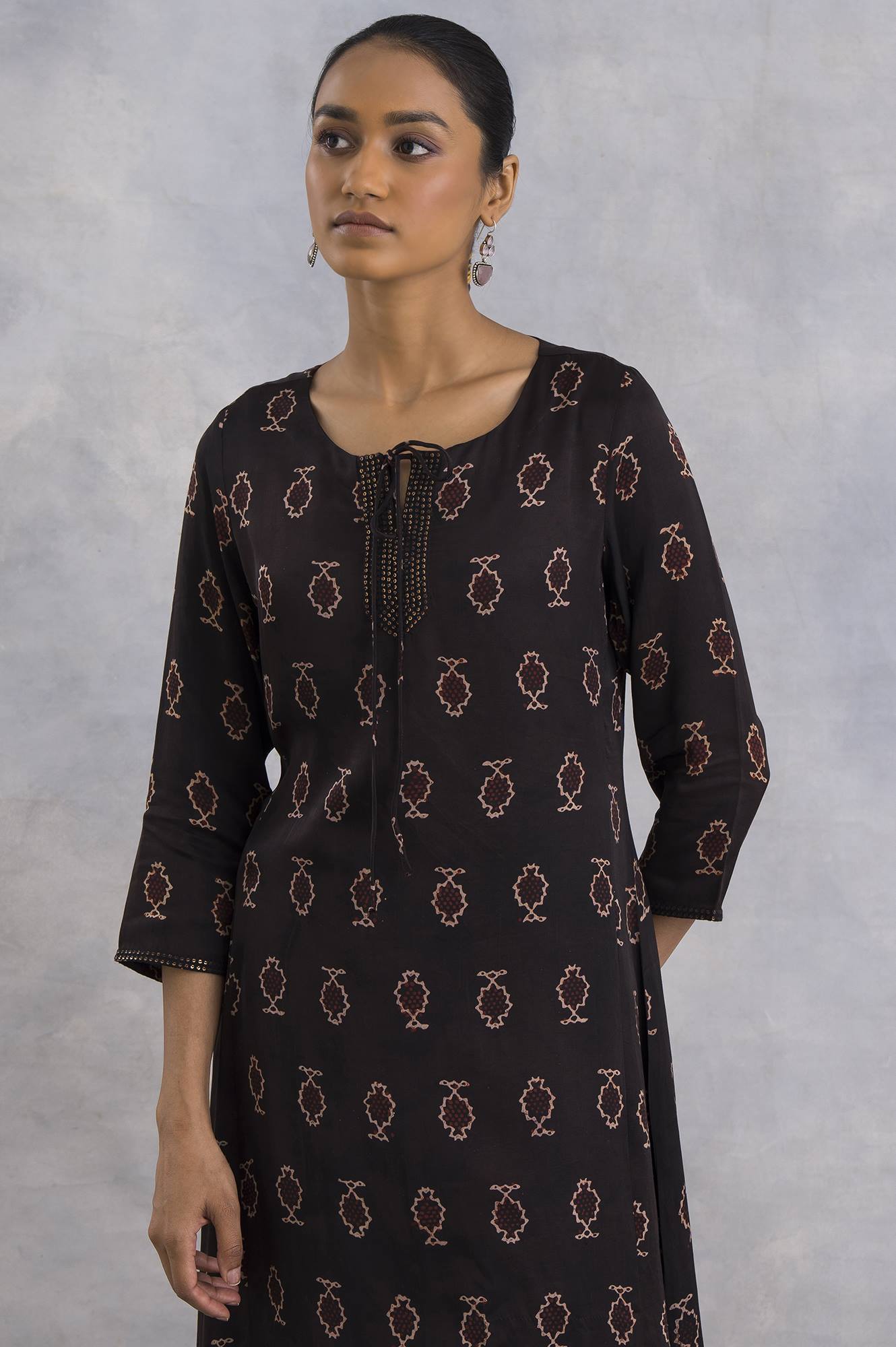 Dark Brown Ajrakh Print A-Line kurta