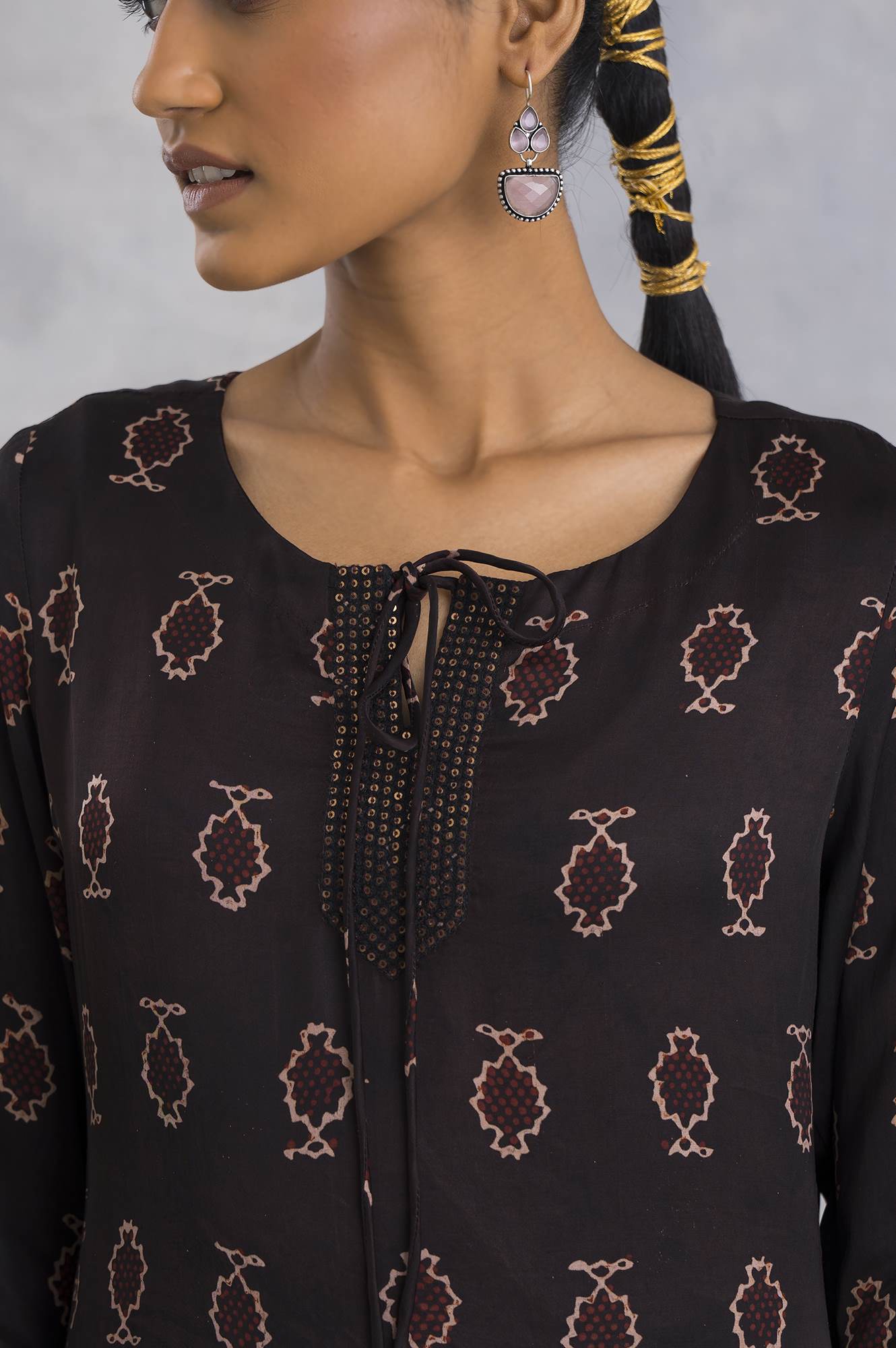 Dark Brown Ajrakh Print A-Line kurta