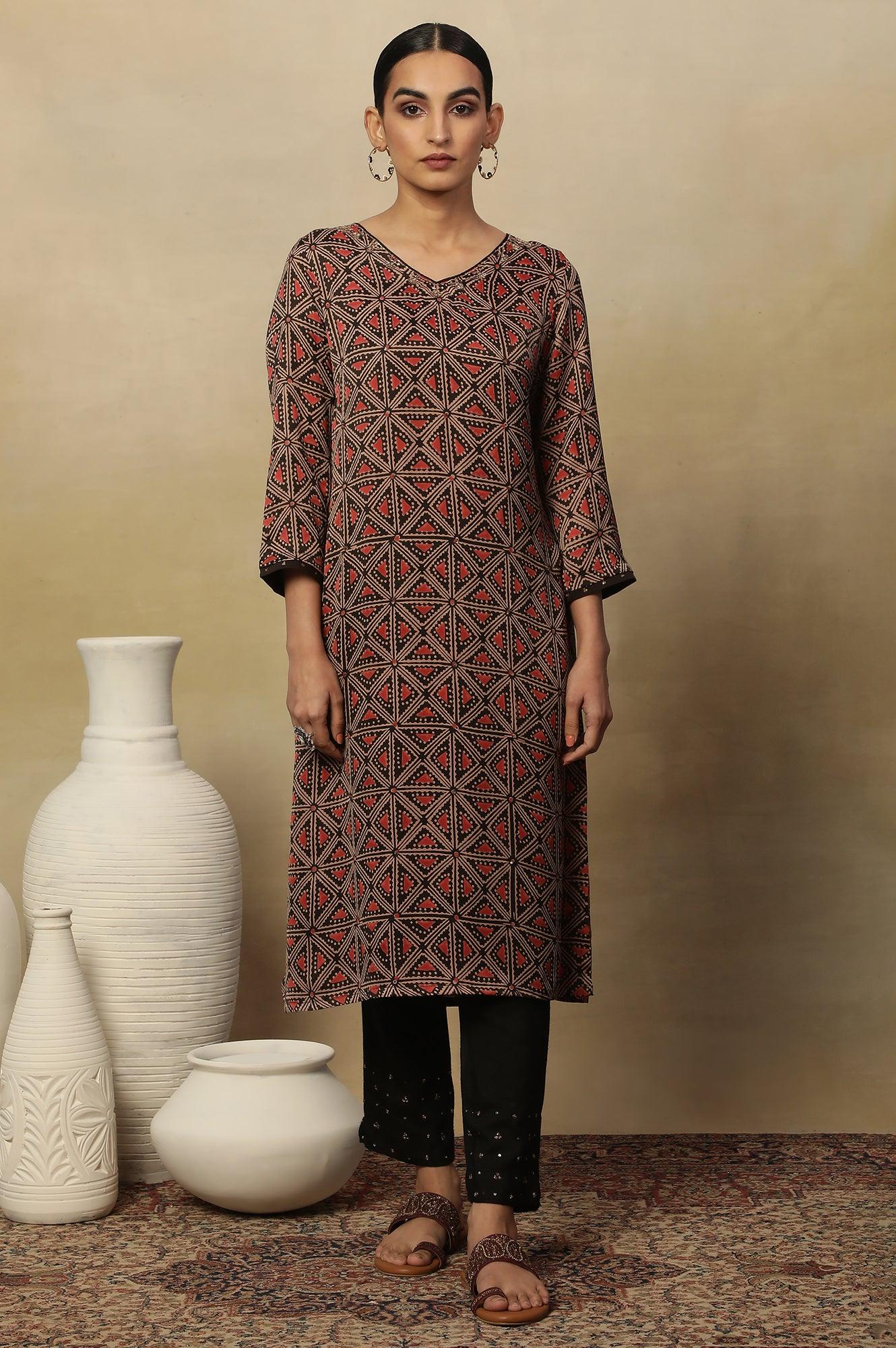 Dark Brown Lustrous Satin Printed Kurta - wforwoman