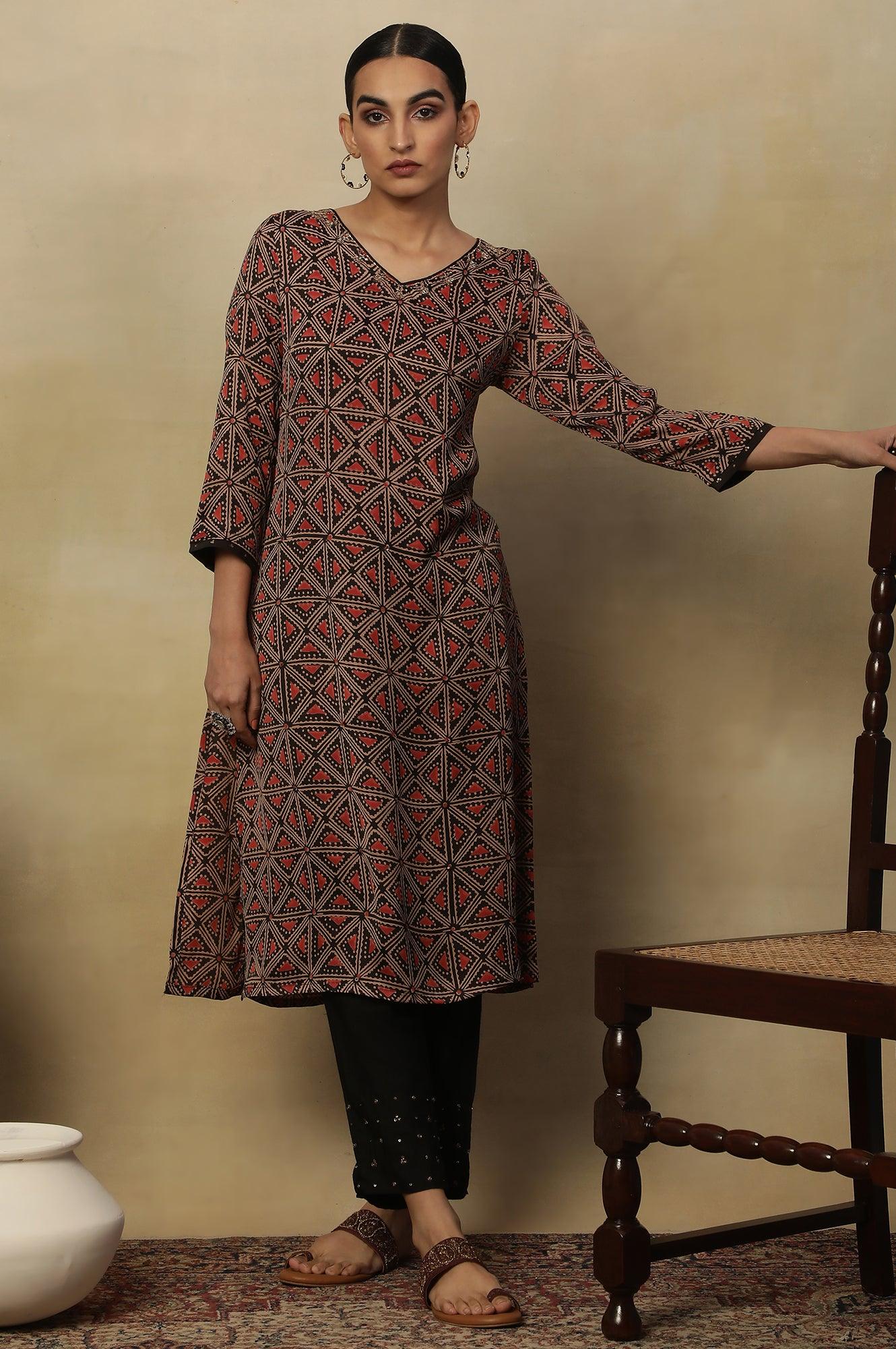 Dark Brown Lustrous Satin Printed Kurta - wforwoman