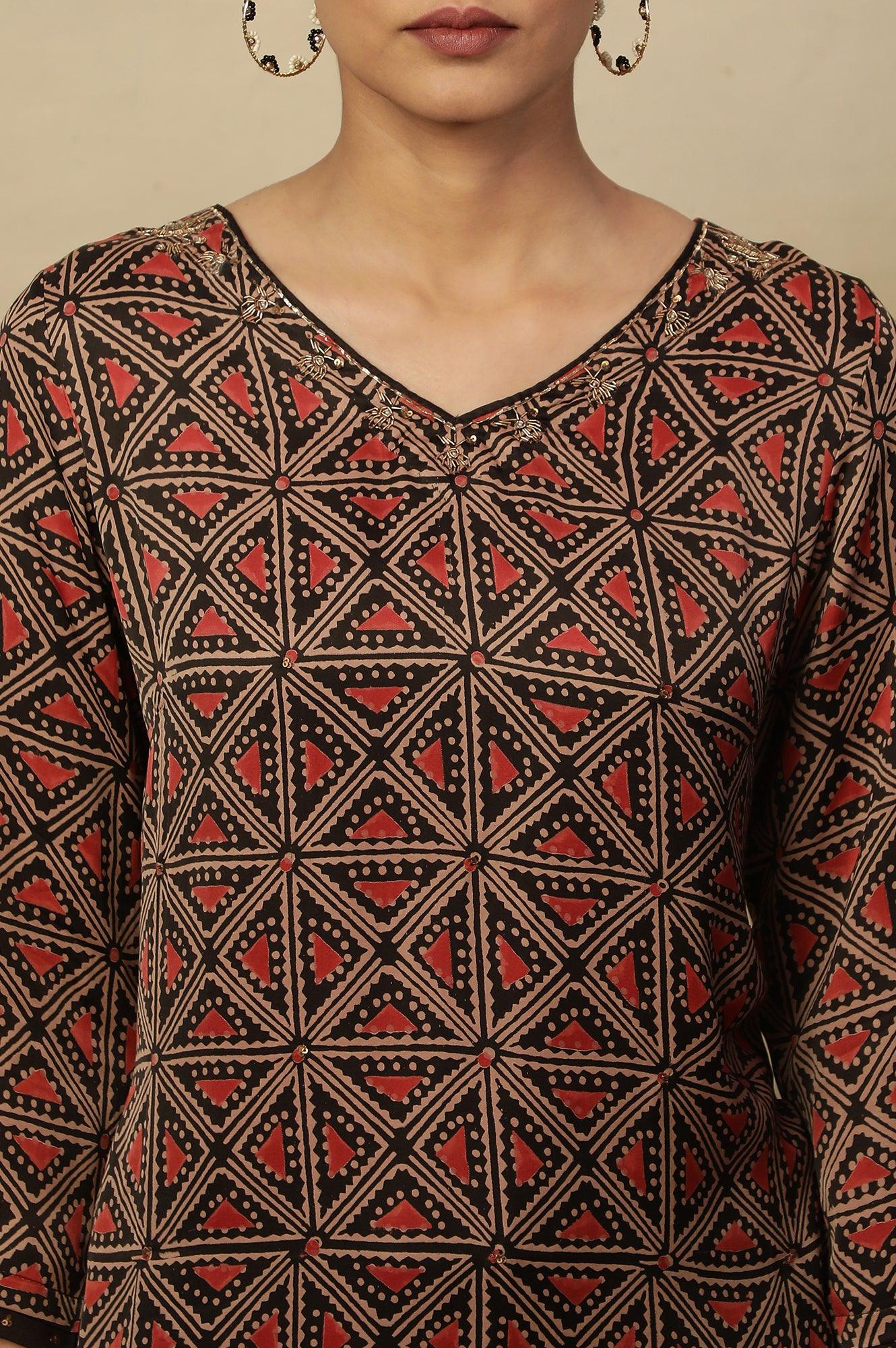 Dark Brown Lustrous Satin Printed Kurta - wforwoman