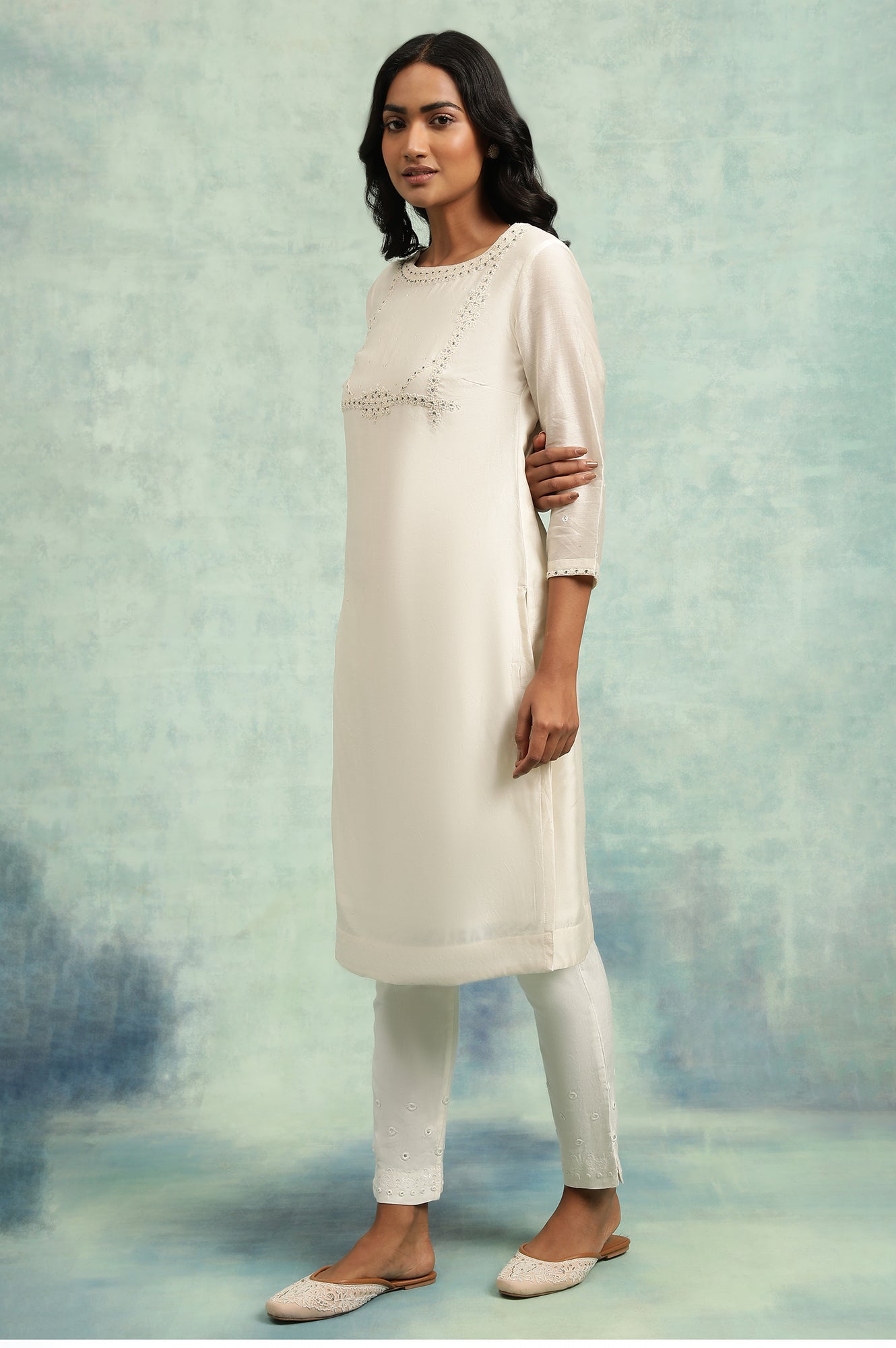 Ecru Bead Embroidered Cotton Silk kurta