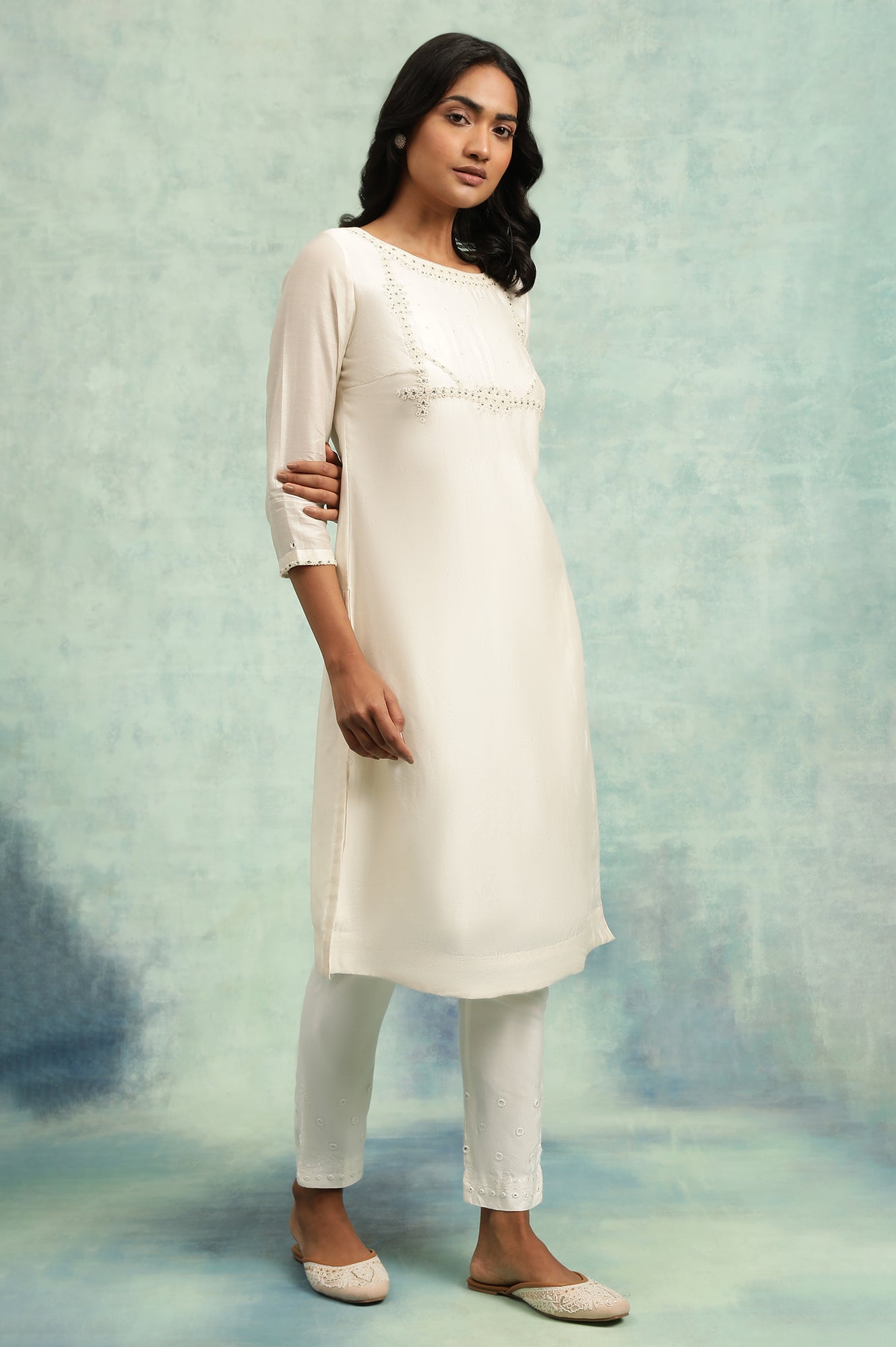 Ecru Bead Embroidered Cotton Silk kurta