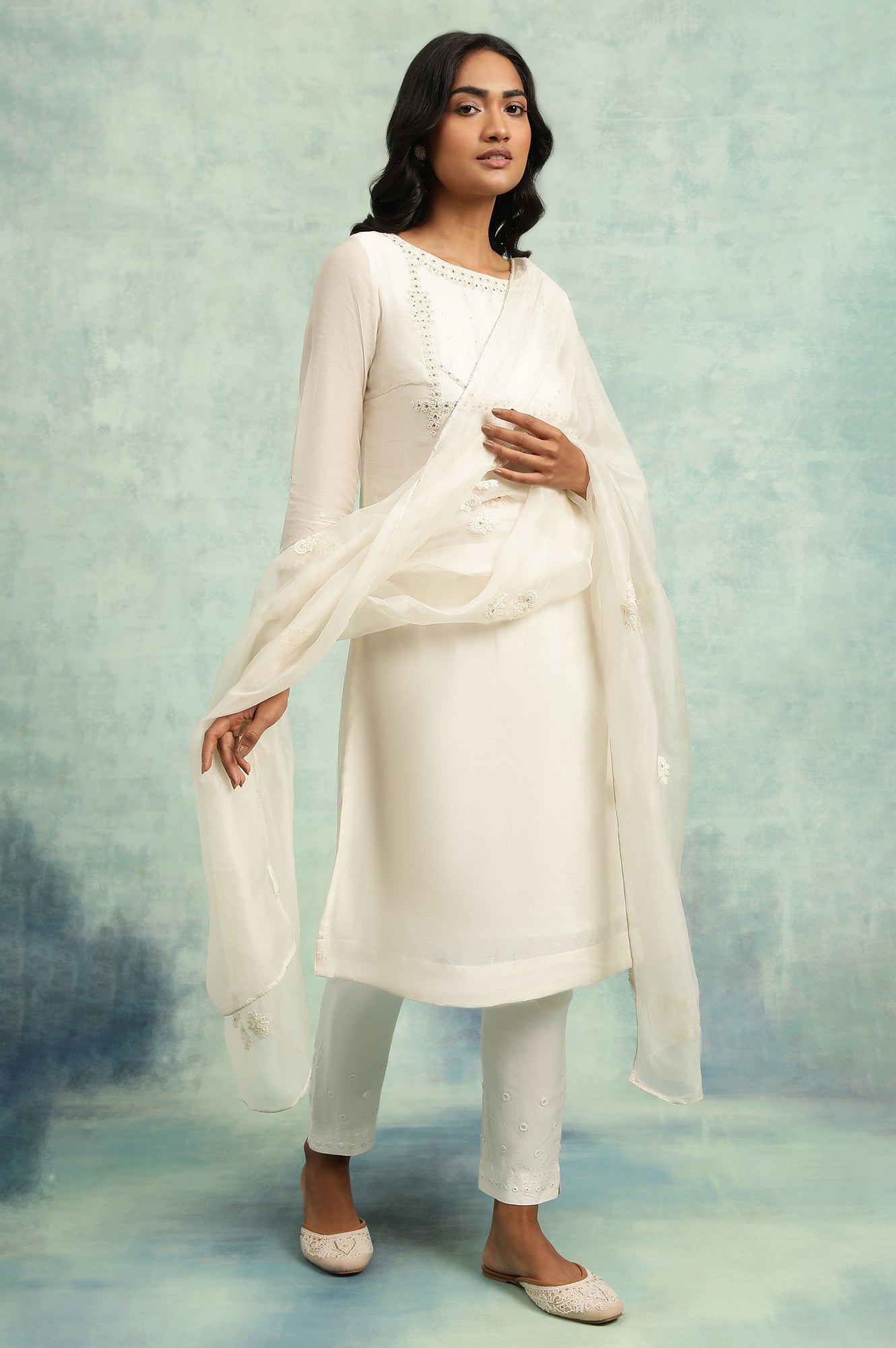 Ecru Bead Embroidered Cotton Silk kurta