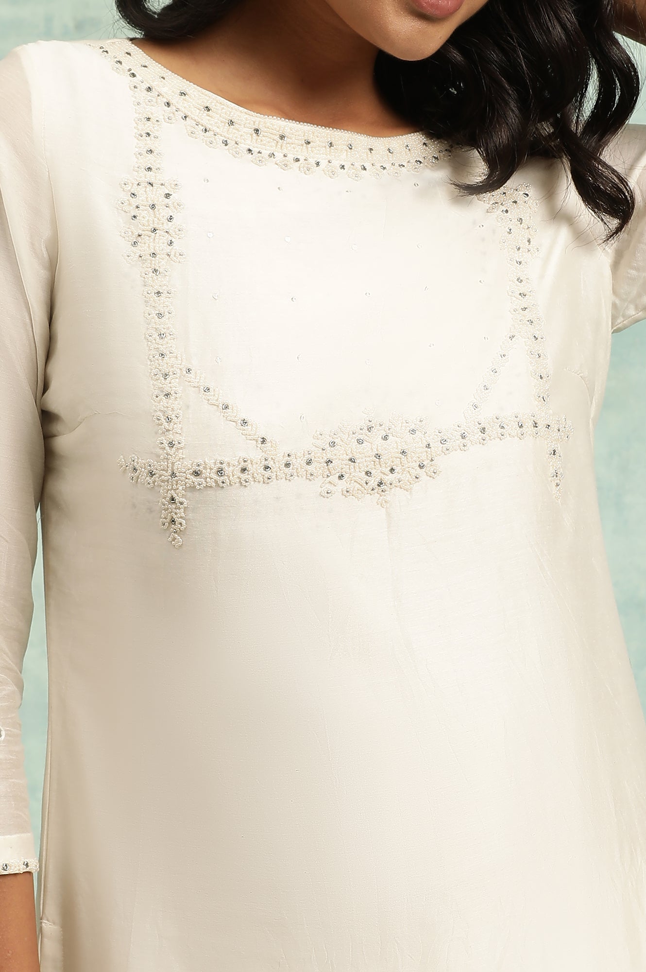 Ecru Bead Embroidered Cotton Silk kurta