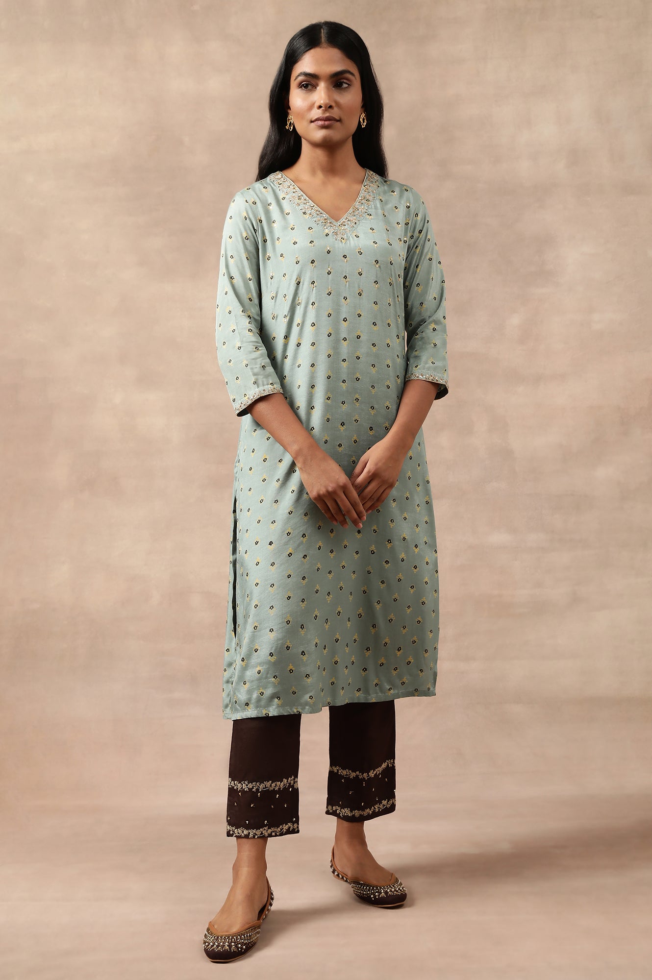 Teal Hand Block Print V-Neck kurta