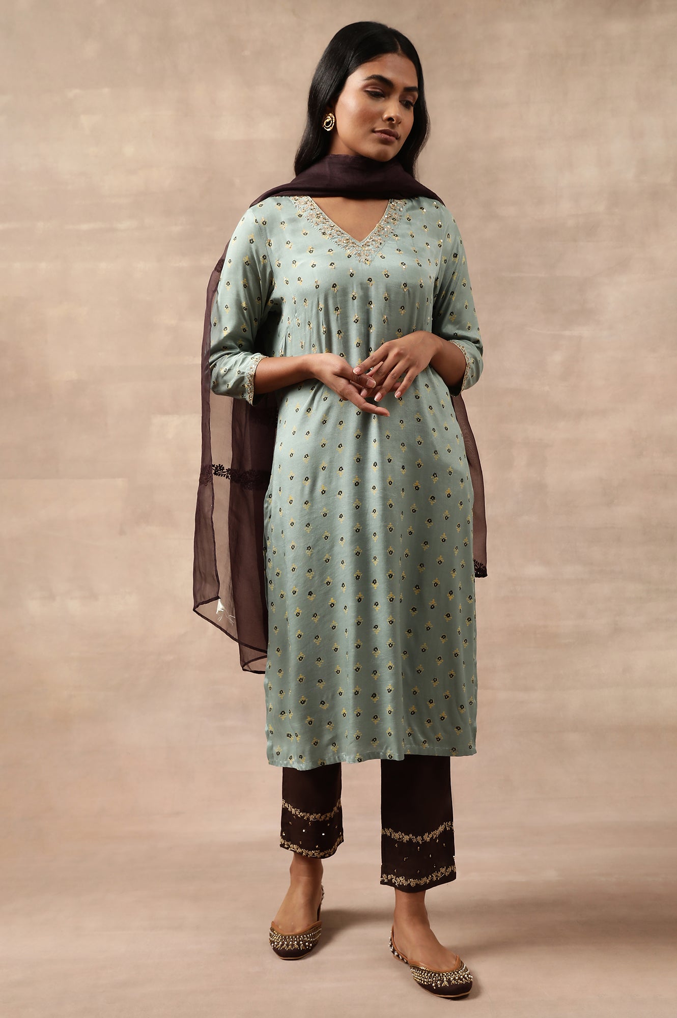 Teal Hand Block Print V-Neck kurta