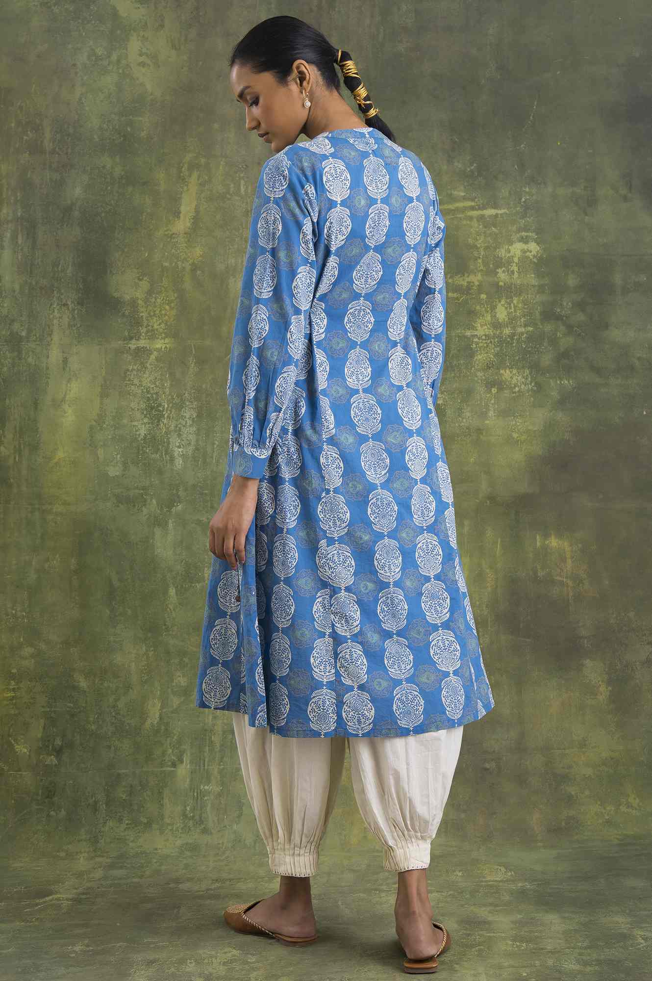 Blue Block Printed Flared kurta