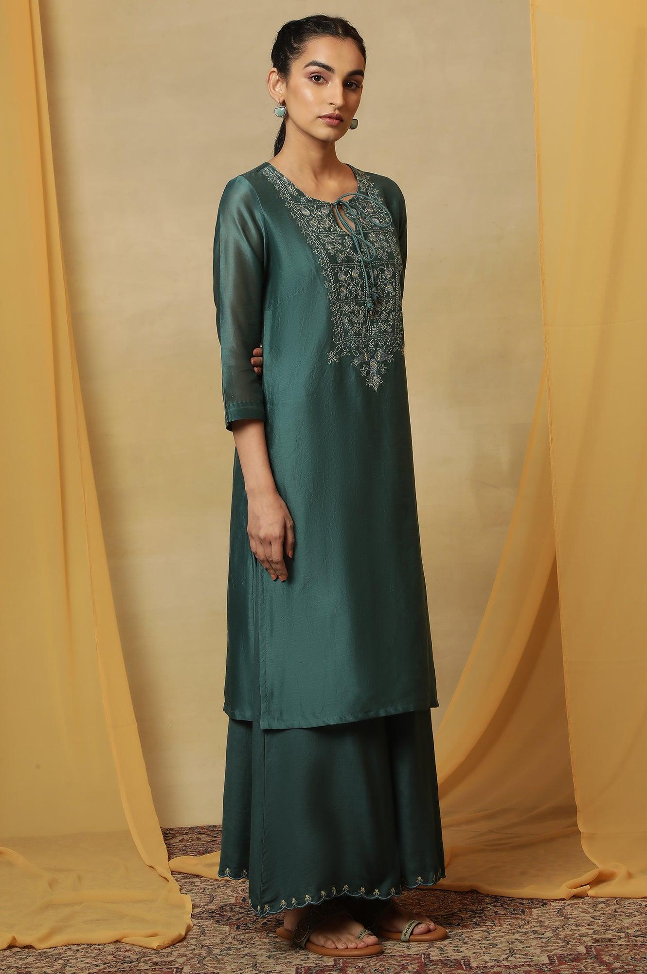 Dark Teal Kantha Embroidered Kurta - wforwoman