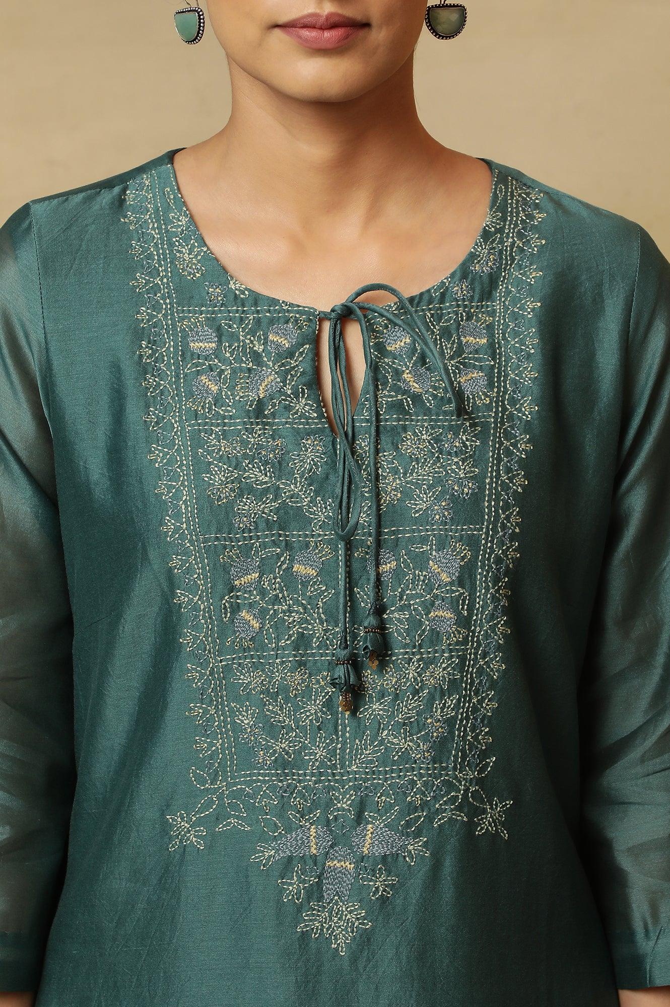 Dark Teal Kantha Embroidered Kurta - wforwoman