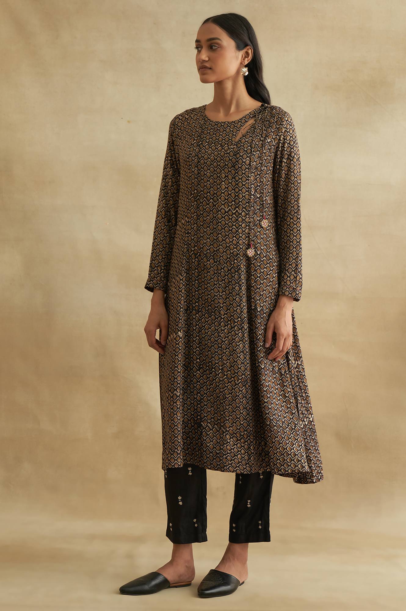 Black Handblock Print Flared kurta