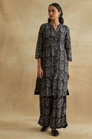 Charcoal Floral Print Cotton Silk kurta