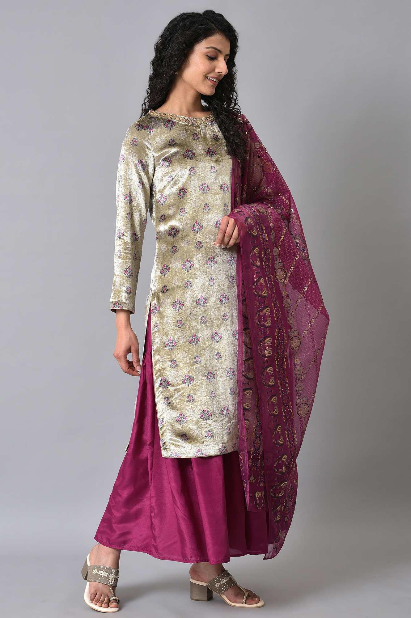 Grey Velvet Short kurta Sharara Set - wforwoman