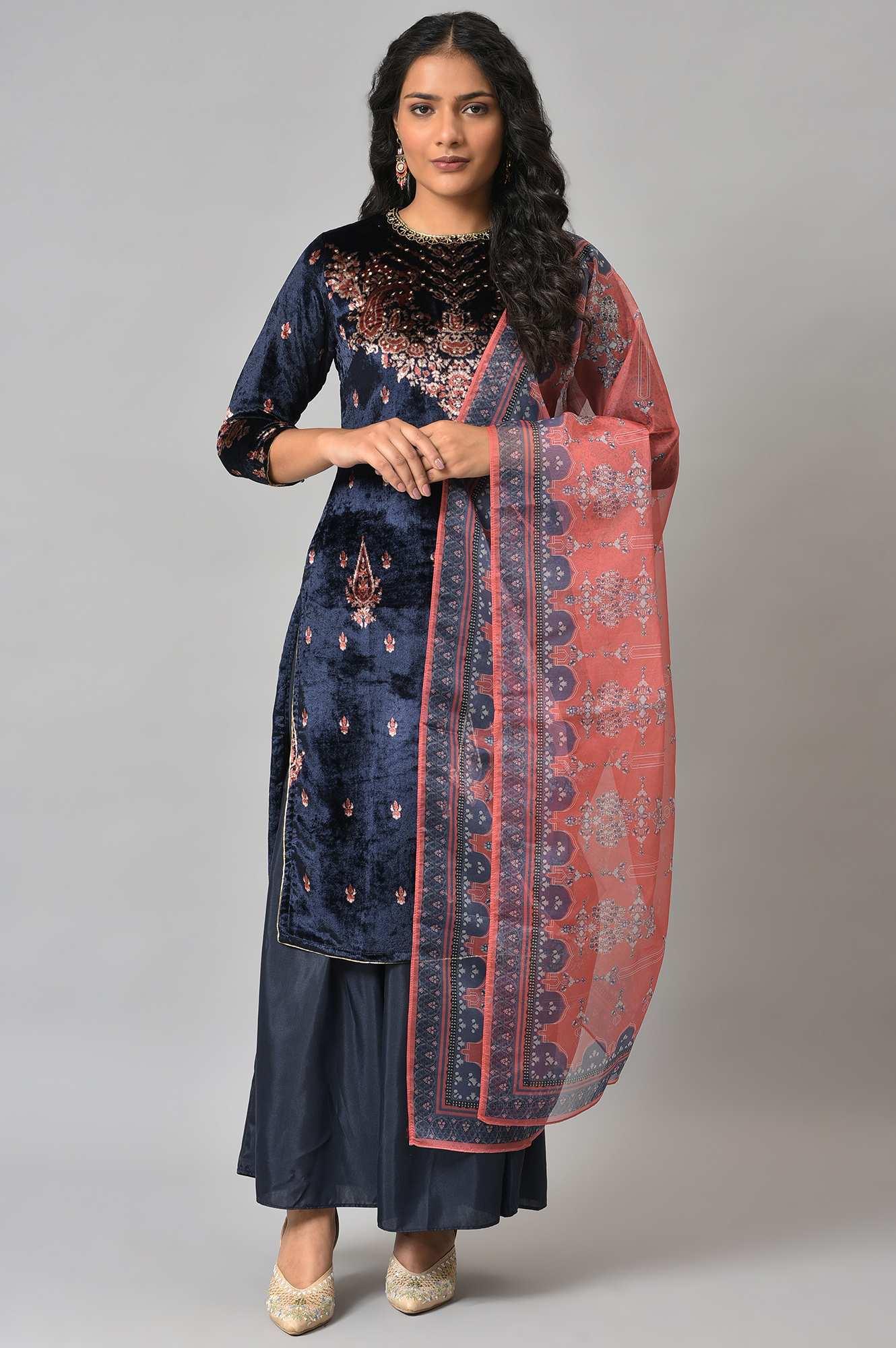 Dark Blue Festive Velvet kurta With Shantung Sharara And Coral Dupatta - wforwoman