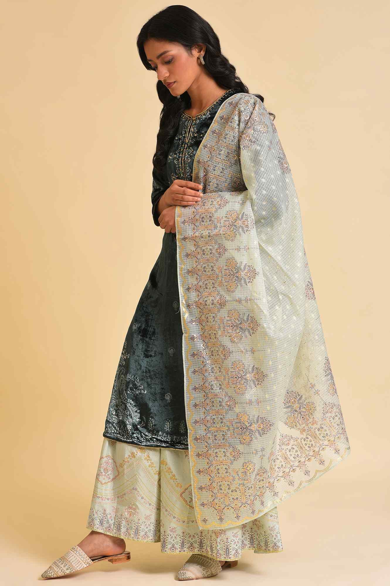 Dark Green Embellished Velvet kurta, Sharara And Dupatta Set - wforwoman