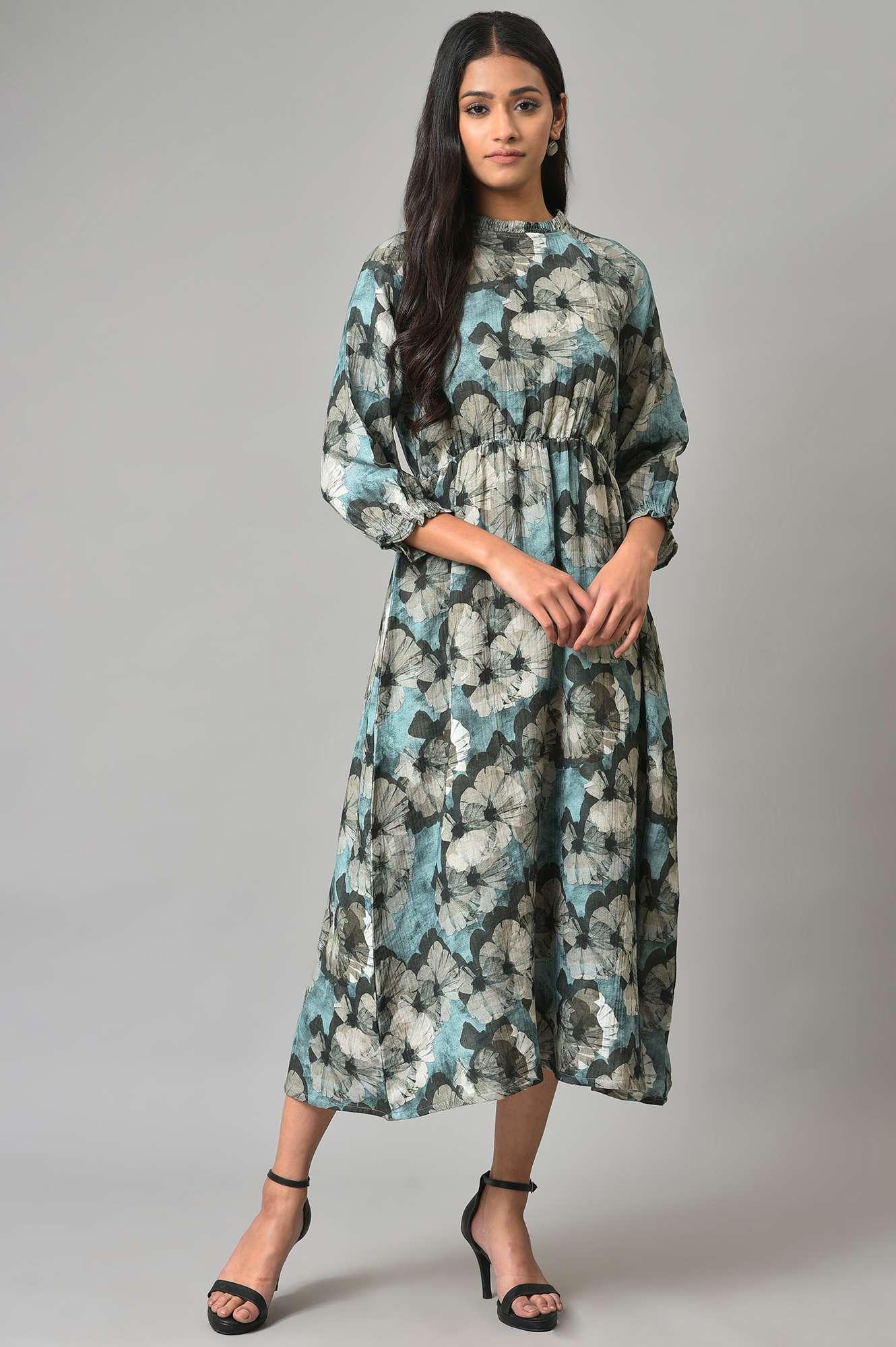 Blue A-Line Prined Smocked Western Dress - wforwoman