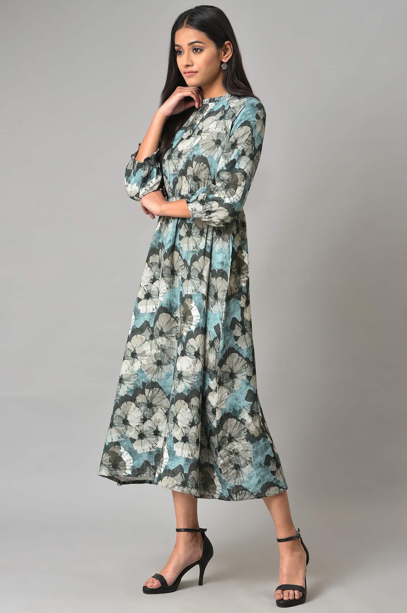 Blue A-Line Prined Smocked Western Dress - wforwoman