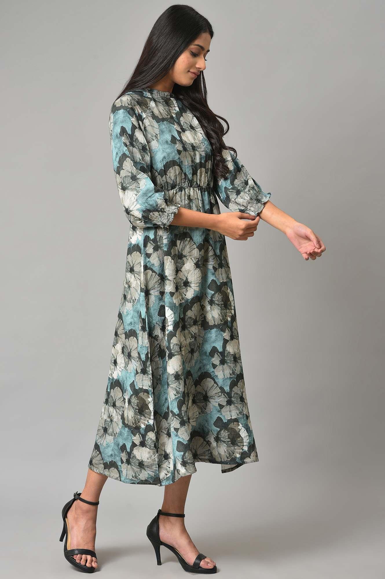 Blue A-Line Prined Smocked Western Dress - wforwoman