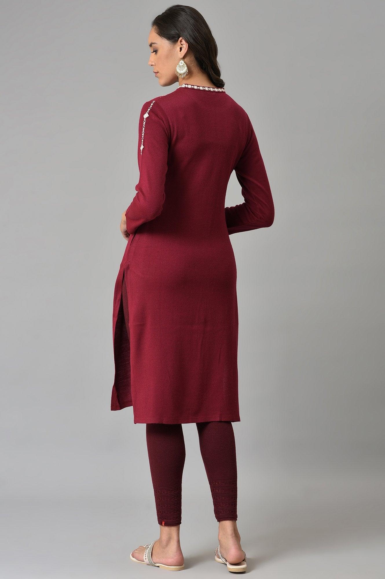 Dark Red Floral Printed Embroidered kurta - wforwoman