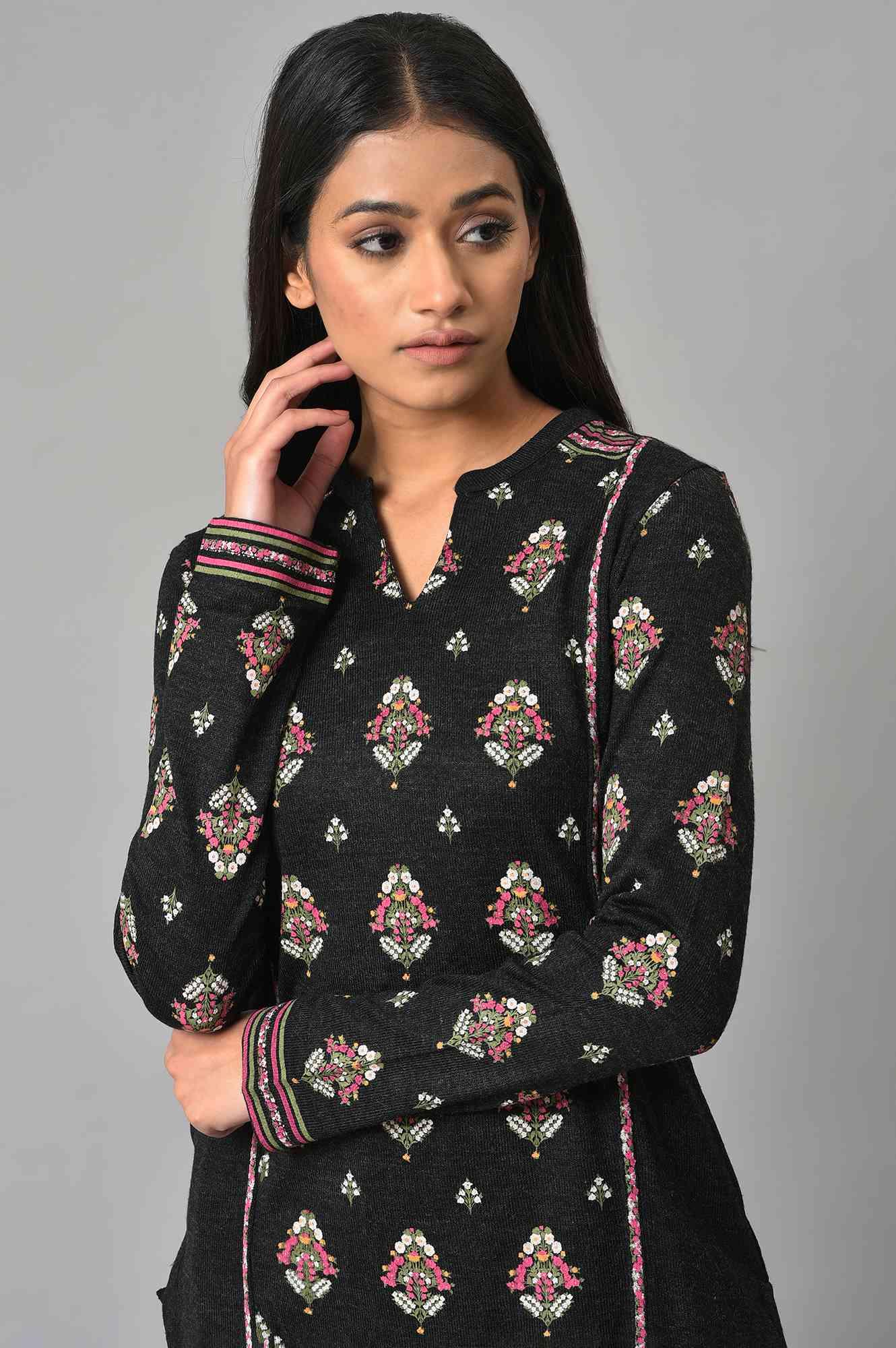 Black Floral Printed Winter kurta - wforwoman