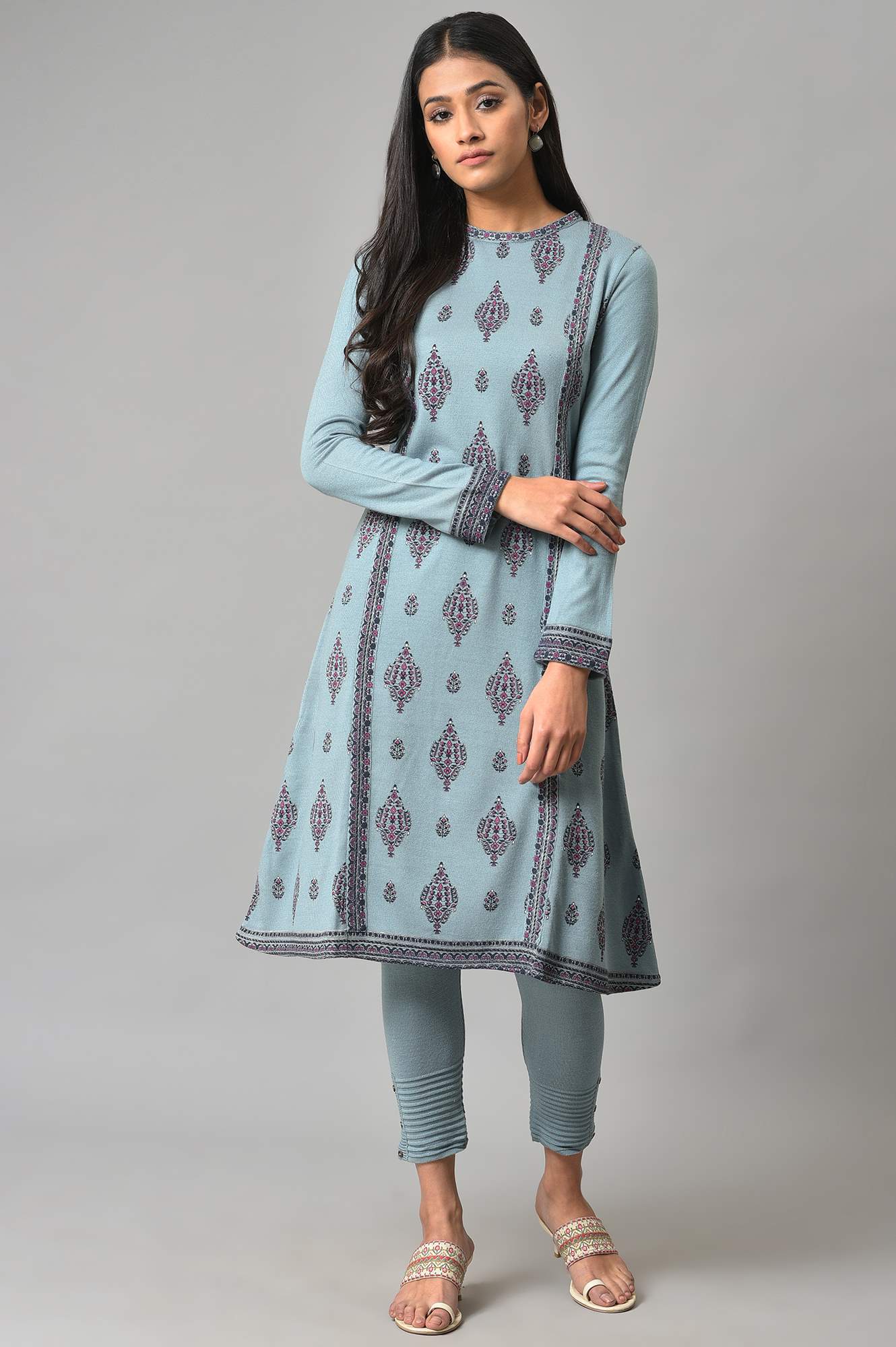 Blue Printed Knitted Winter kurta XS