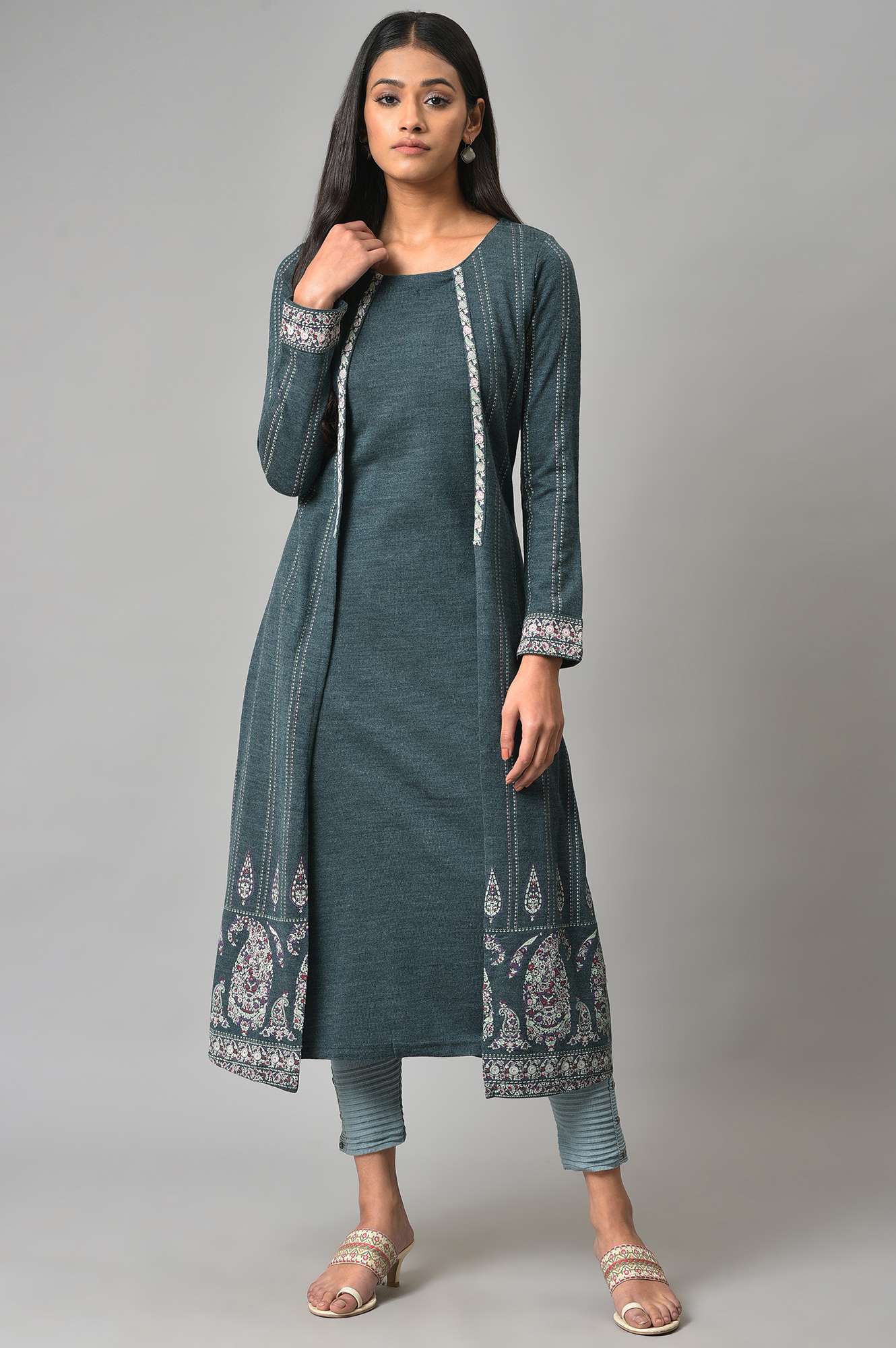 Buy Blue Mock Layer Printed Winter kurta 3599 W for woman