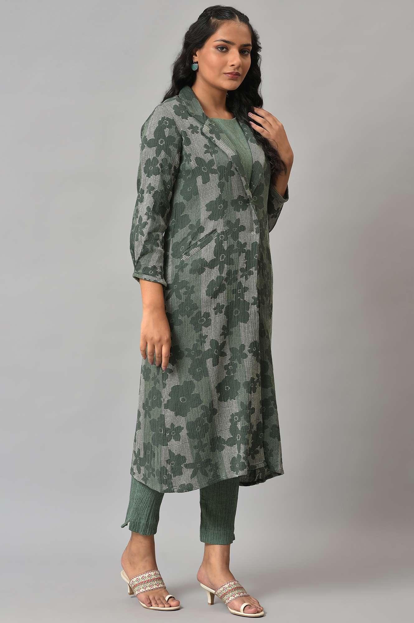 Green Printed Longline Jacket With kurta And Pants - wforwoman