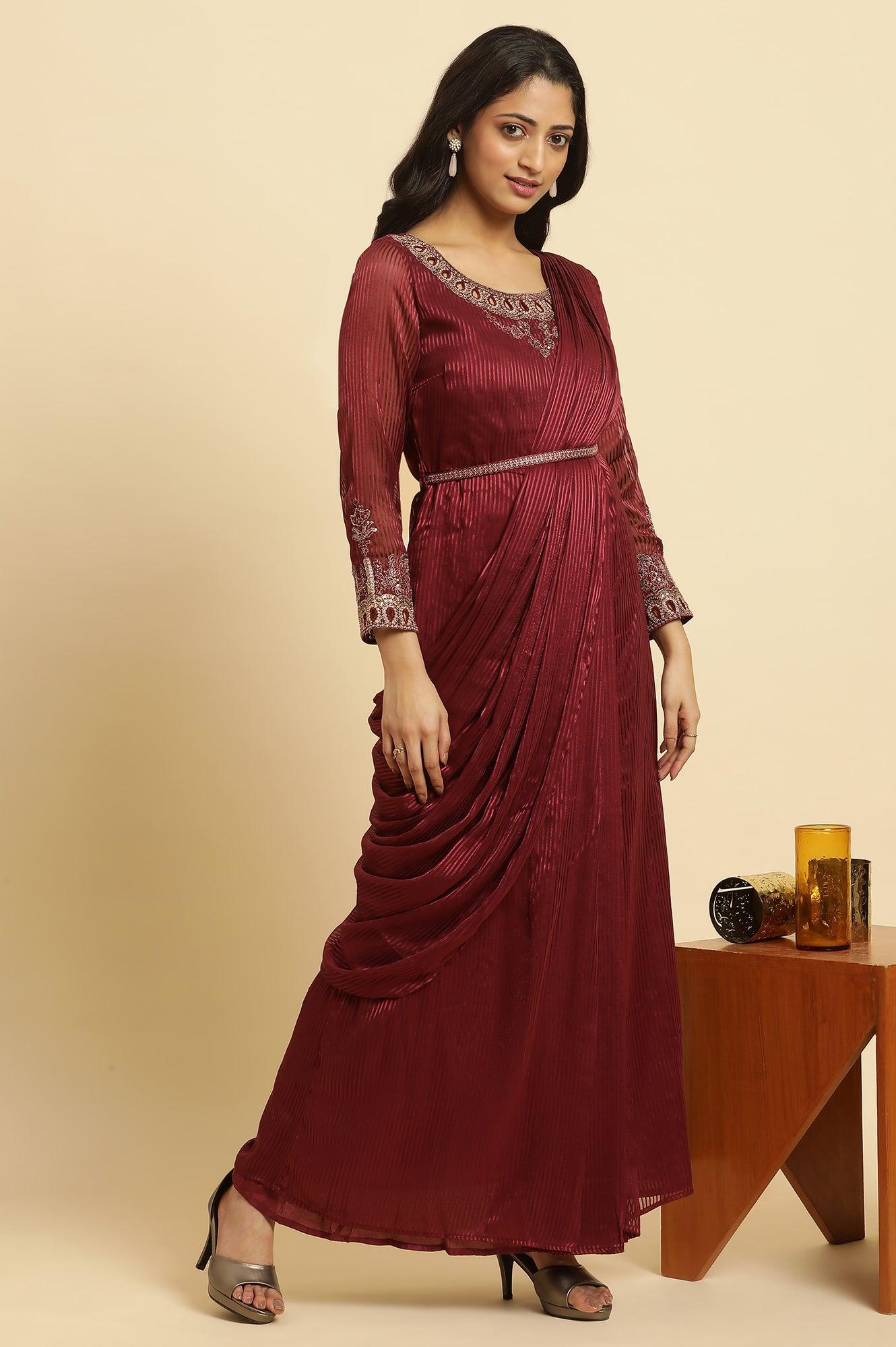 Maroon Jewelled Neck Pre-Draped Festive Saree Dress – wforwoman