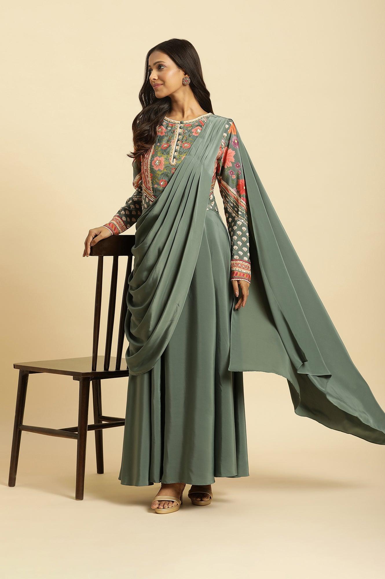 Green Predrape Saree Dress With Multi-Coloured Embellishement - wforwoman