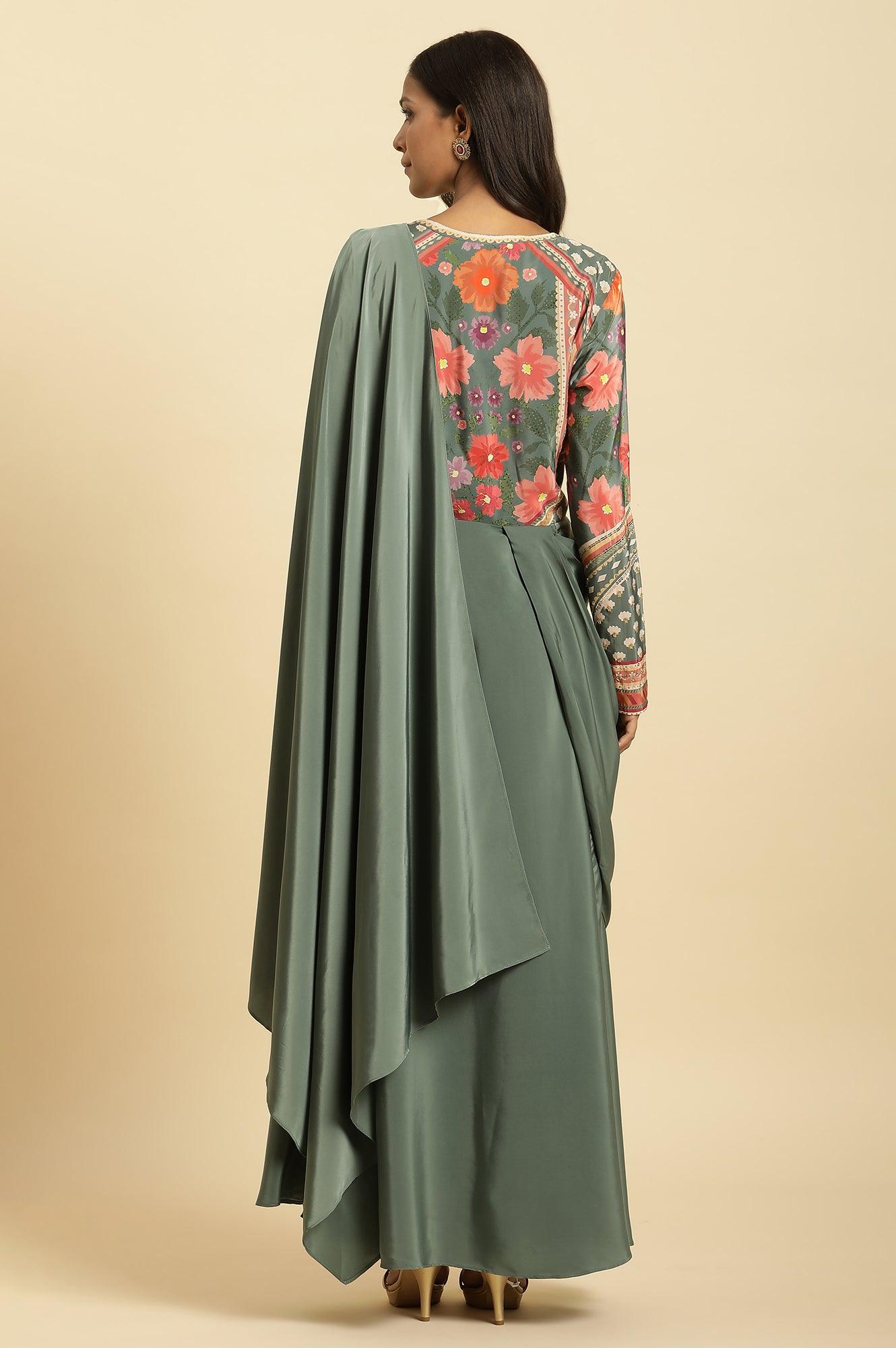 Green Predrape Saree Dress With Multi-Coloured Embellishement - wforwoman