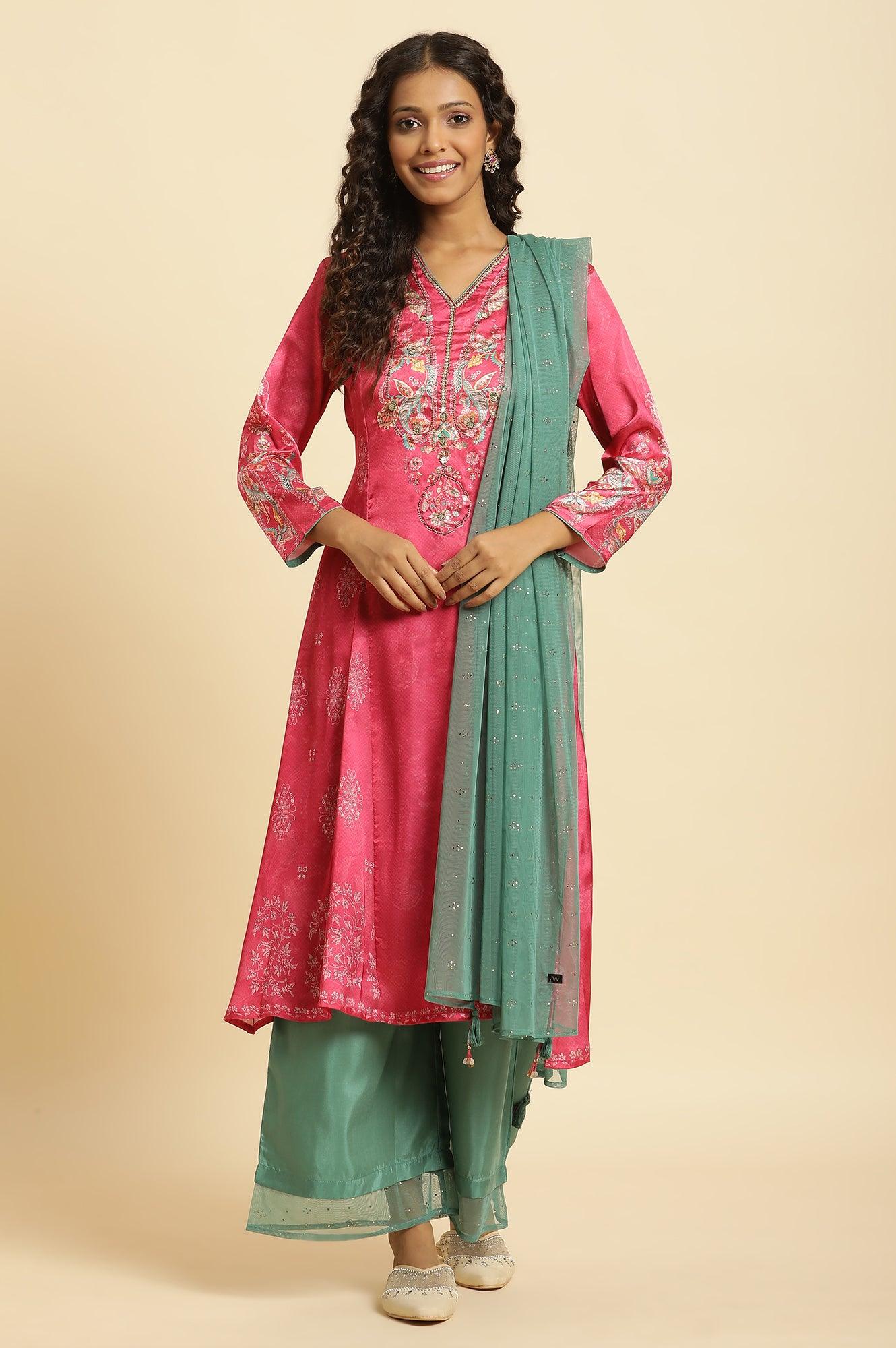 Pink Digital Printed Kurta, Pants And Dupatta Set - wforwoman