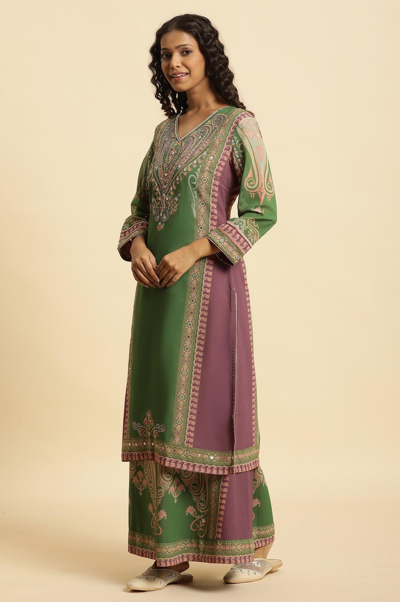 Green Placement Printed Georgette Kurta, Pants And Dupatta Set - wforwoman