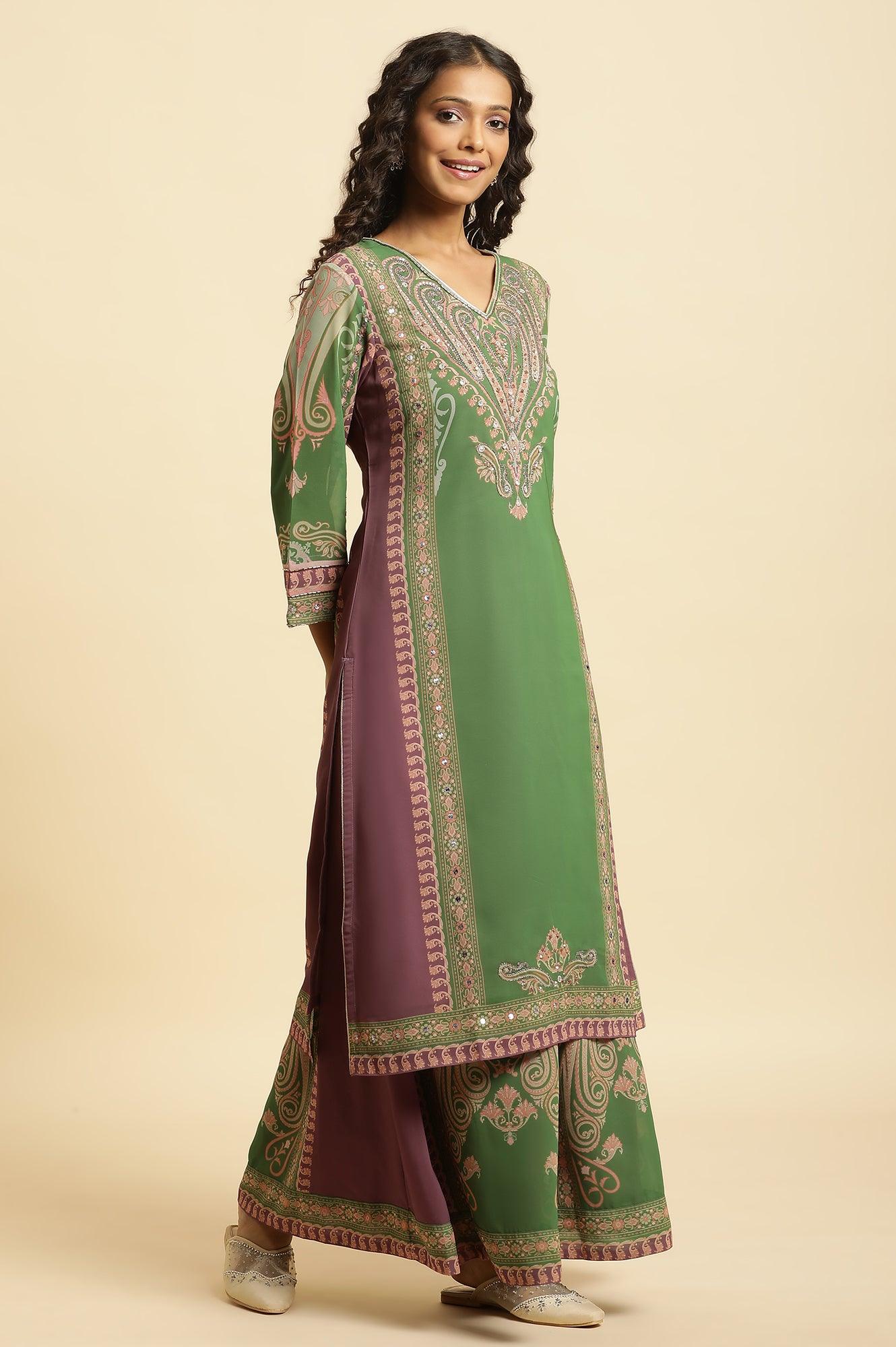 Green Placement Printed Georgette Kurta, Pants And Dupatta Set - wforwoman